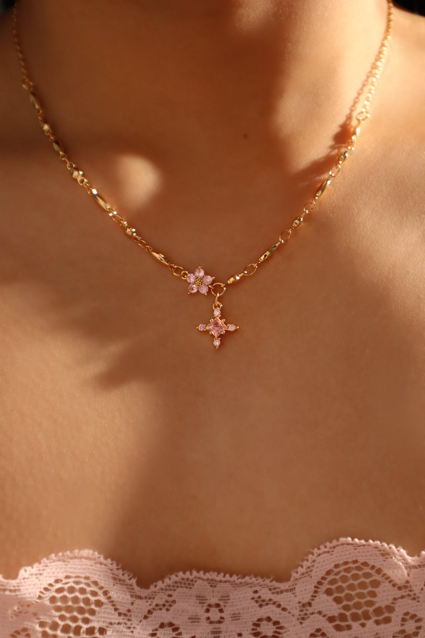 18K Real Gold Plated Pink Diamond Cross Necklace