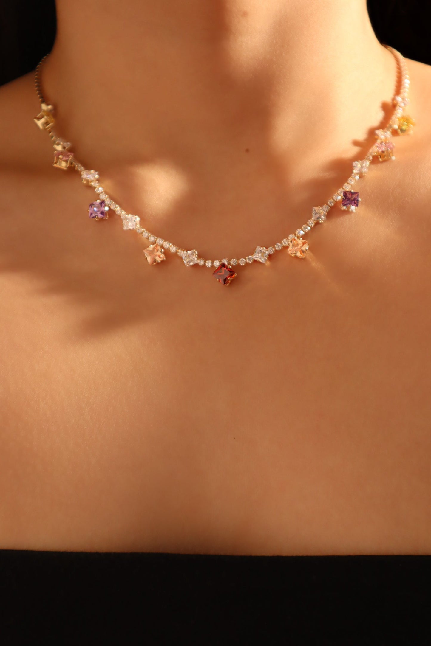 14K Real Gold Plated Color Gemstones Necklace