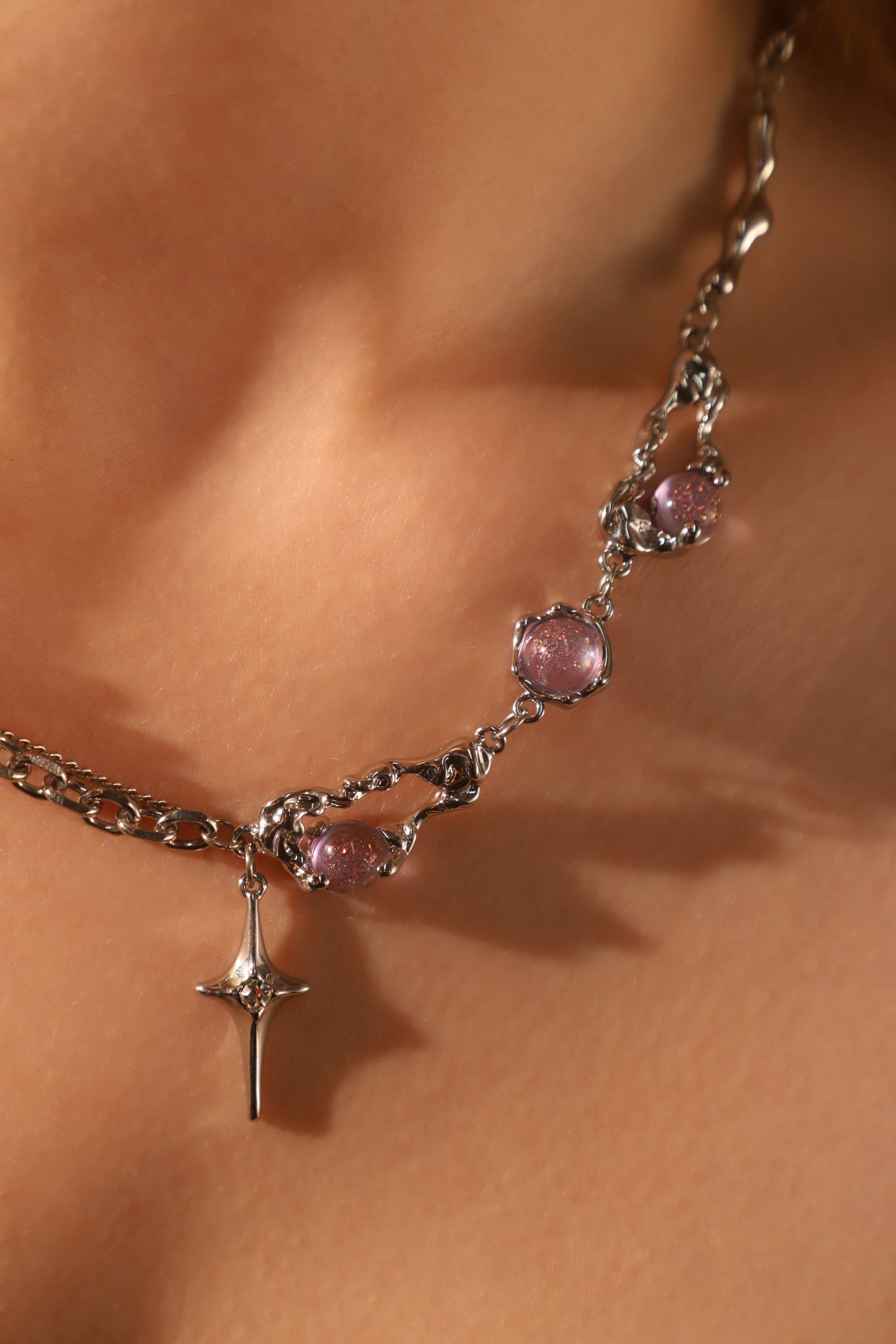 Platinum Plated Purple Glitter Gem Star Necklace