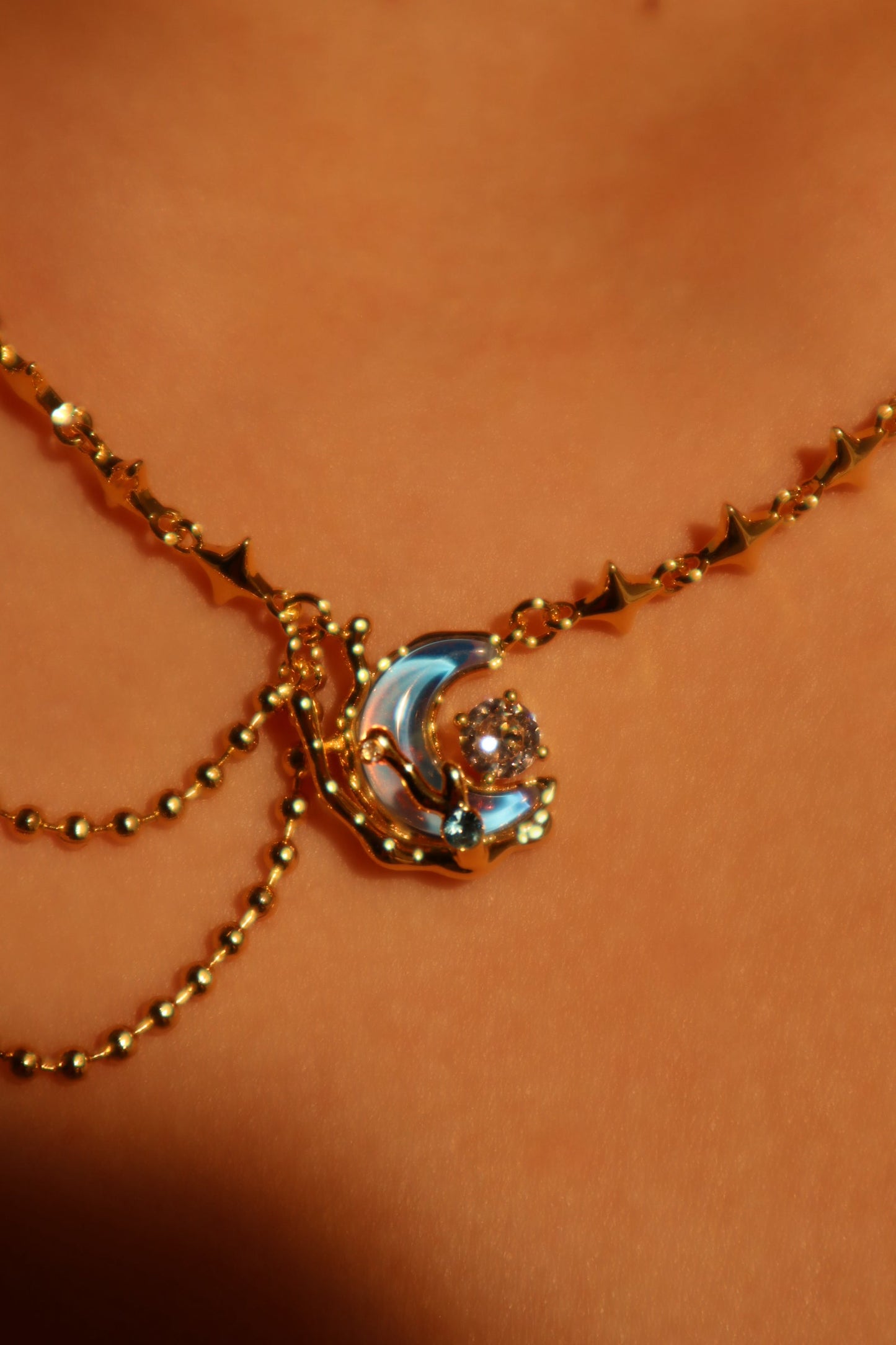 18K Real Gold Plated Diamond Moonstone Moon Necklace