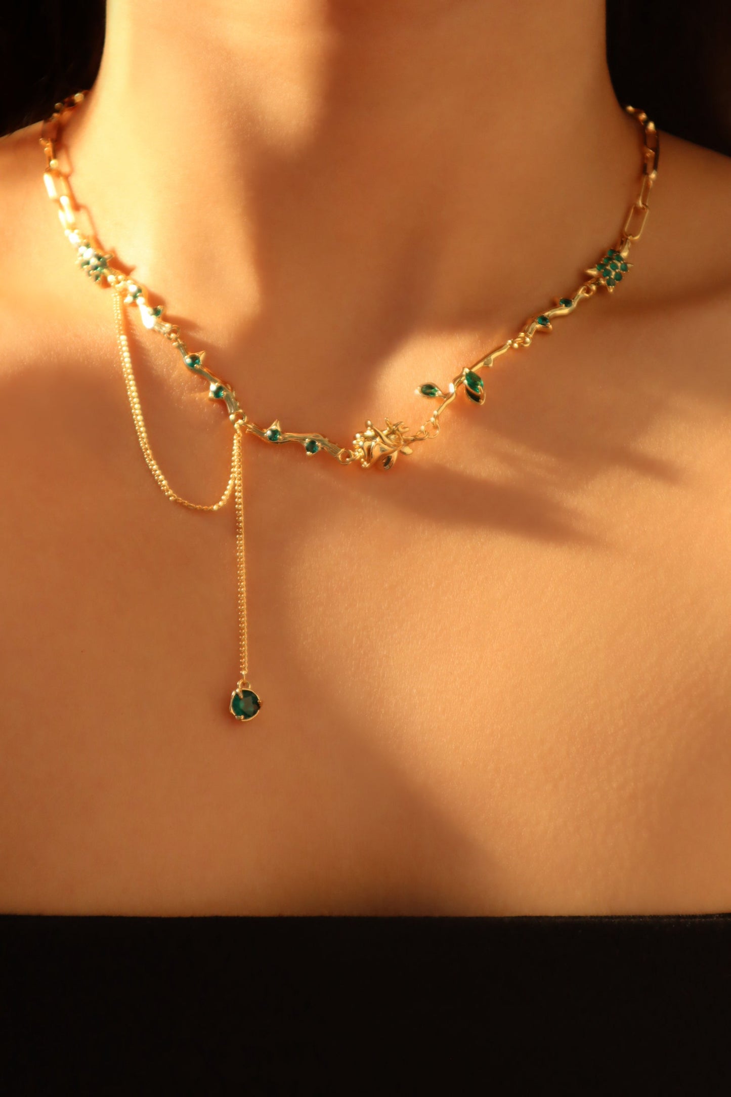 18K Real Gold Plated Green Gem Rose Necklace