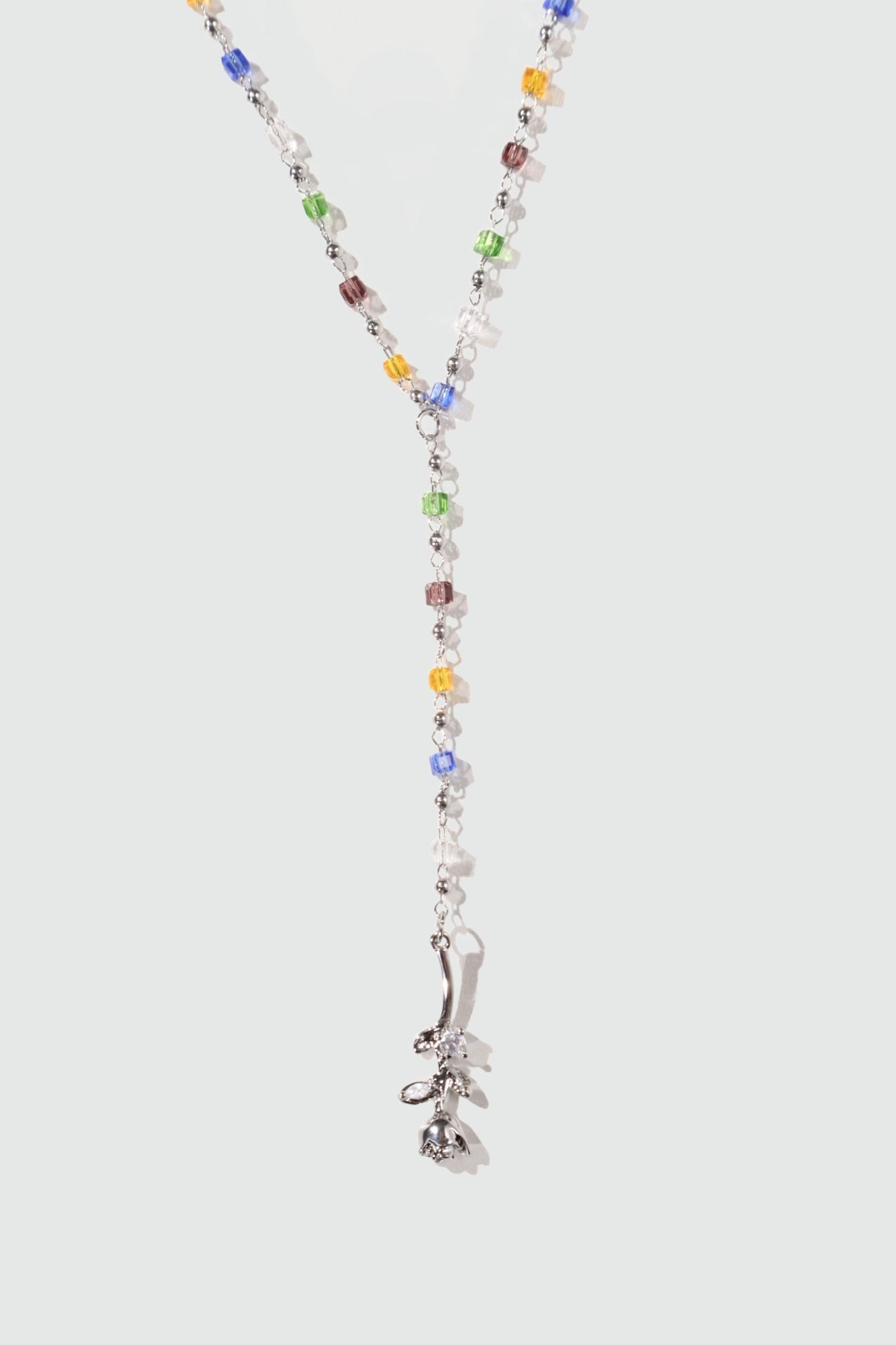 Platinum Plated Color Gem Rose Lariat Long Necklace