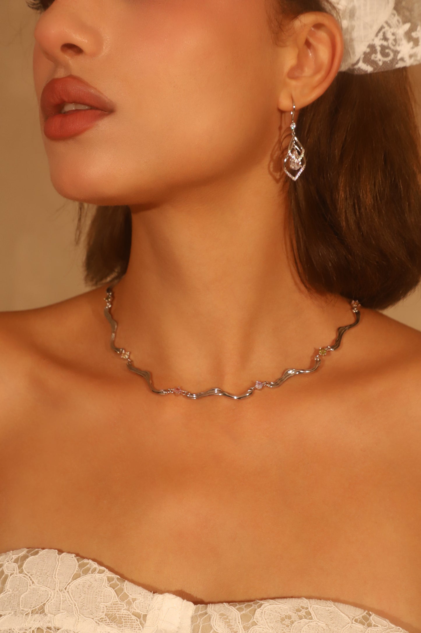 Platinum Plated Heart Waves Layer Necklace