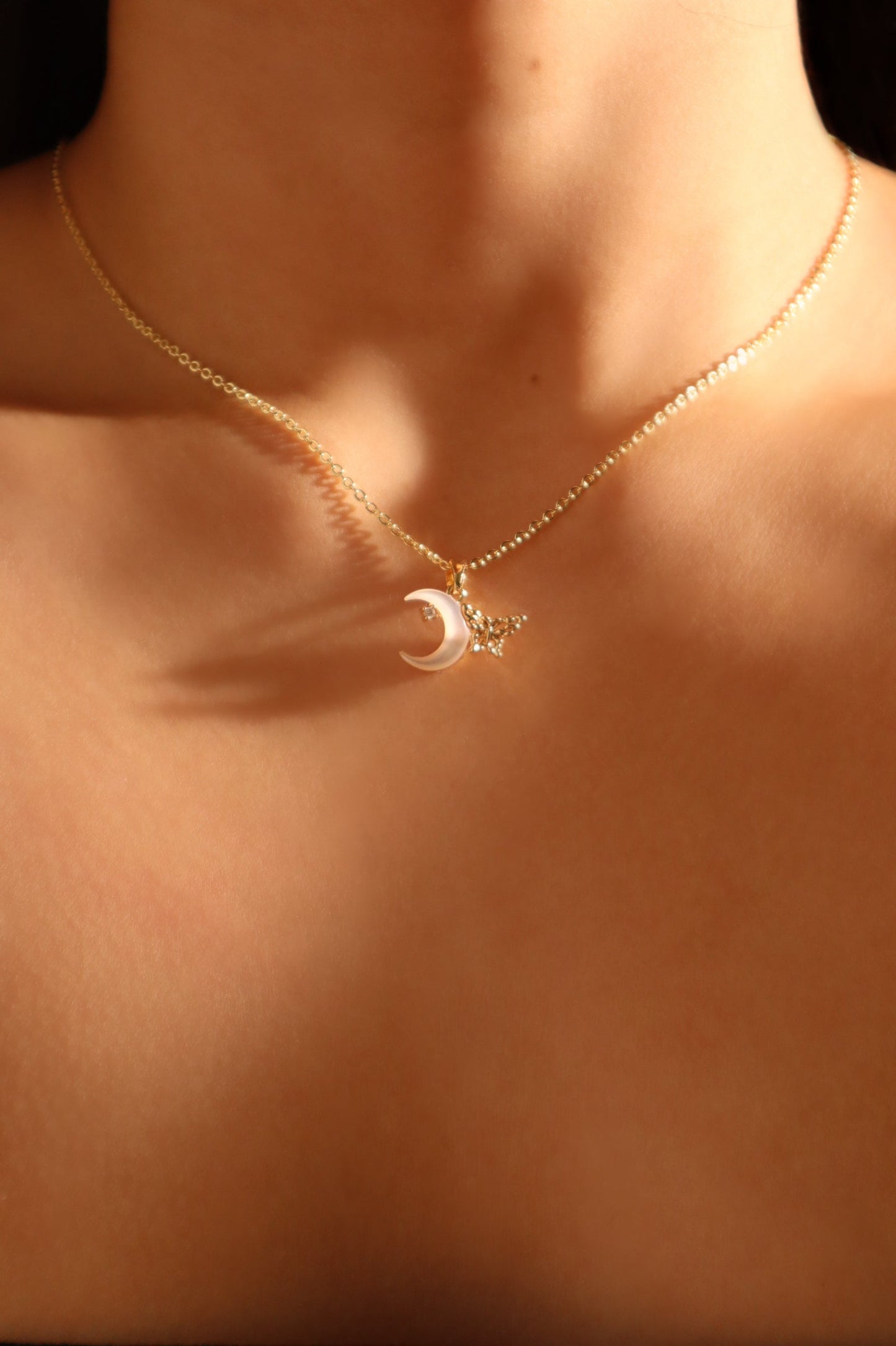 18K Real Gold Plated Shell Moon Butterfly Necklace