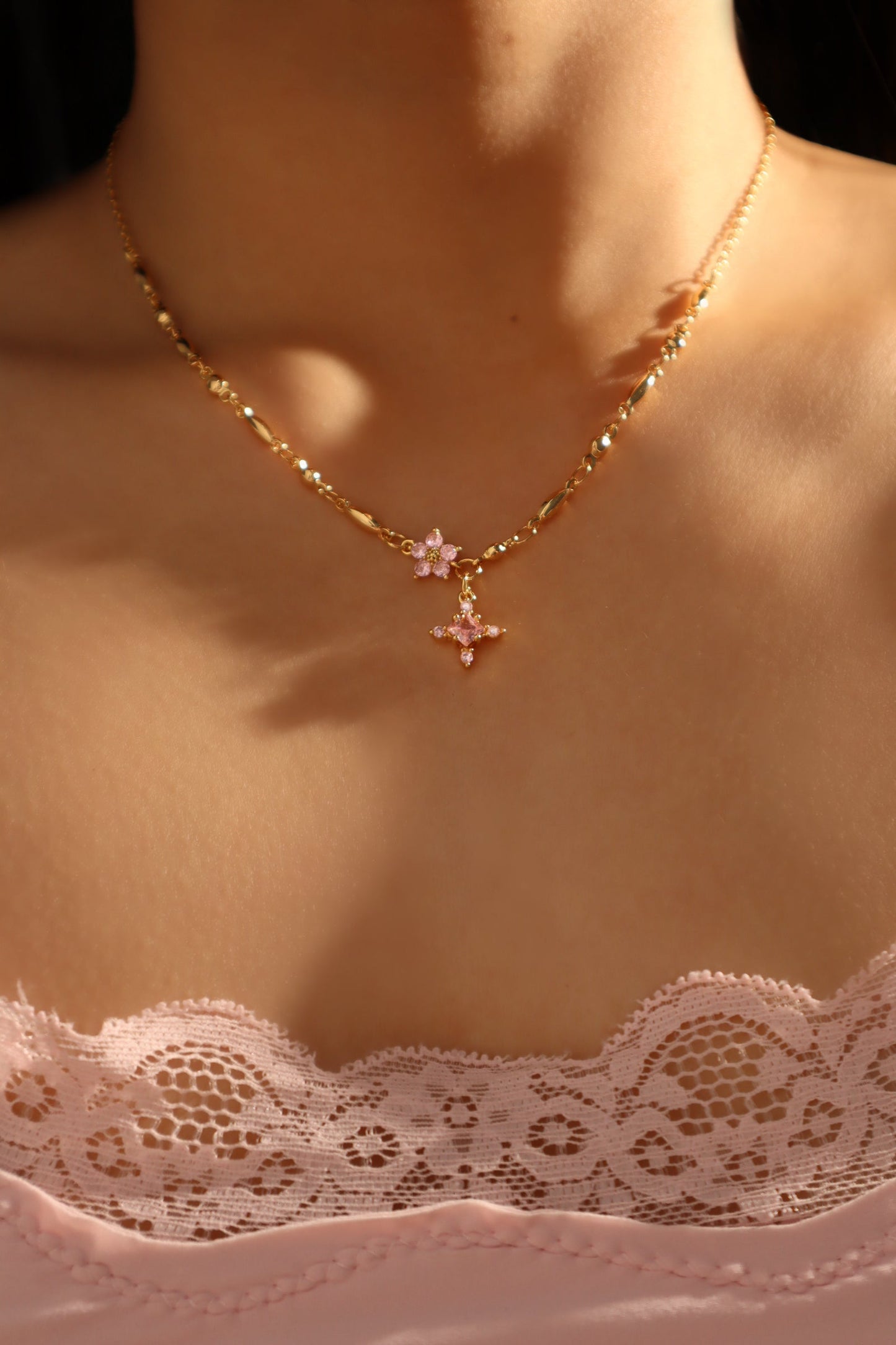 18K Real Gold Plated Pink Diamond Cross Necklace