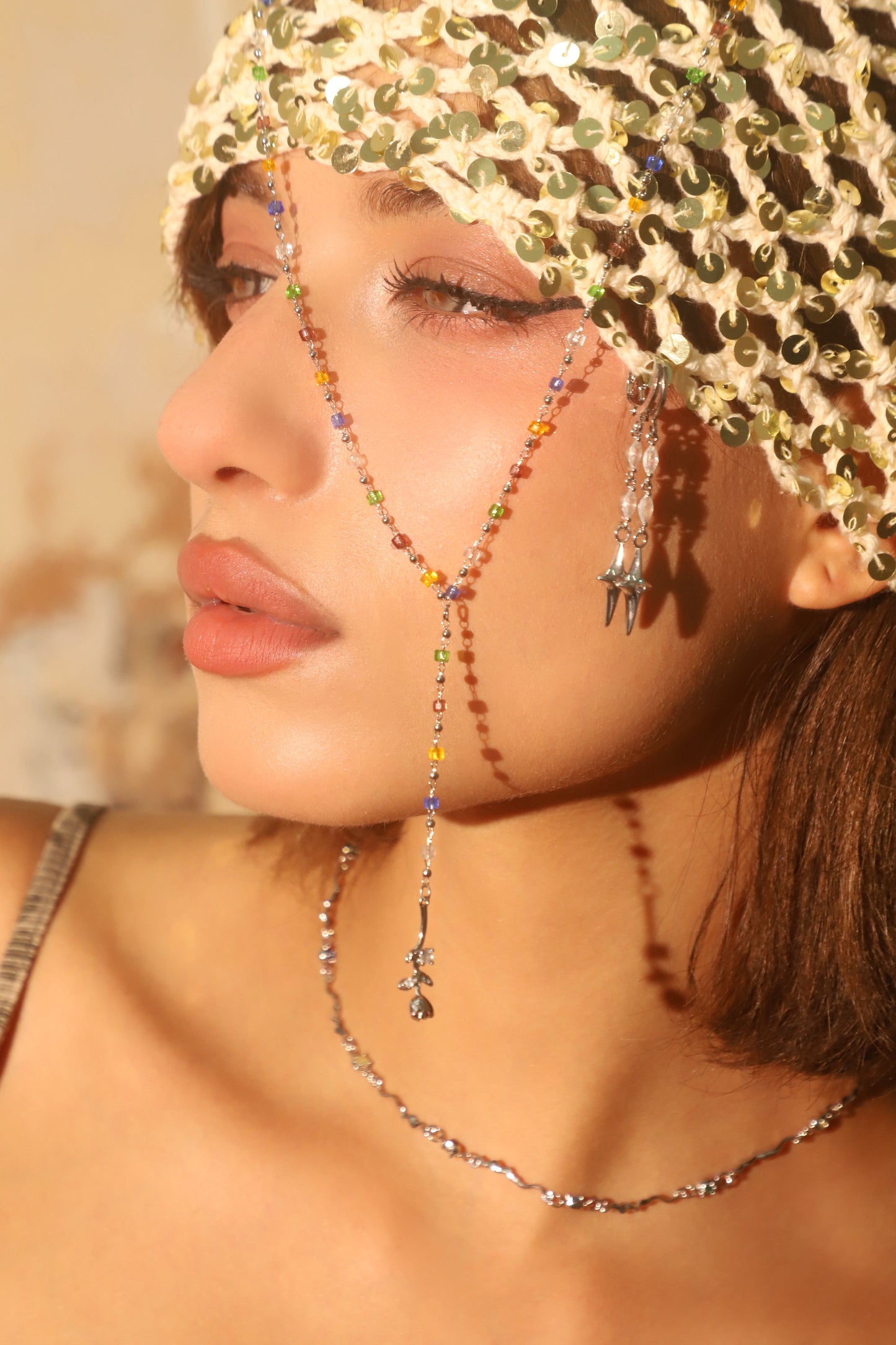 Platinum Plated Color Gem Rose Lariat Long Necklace