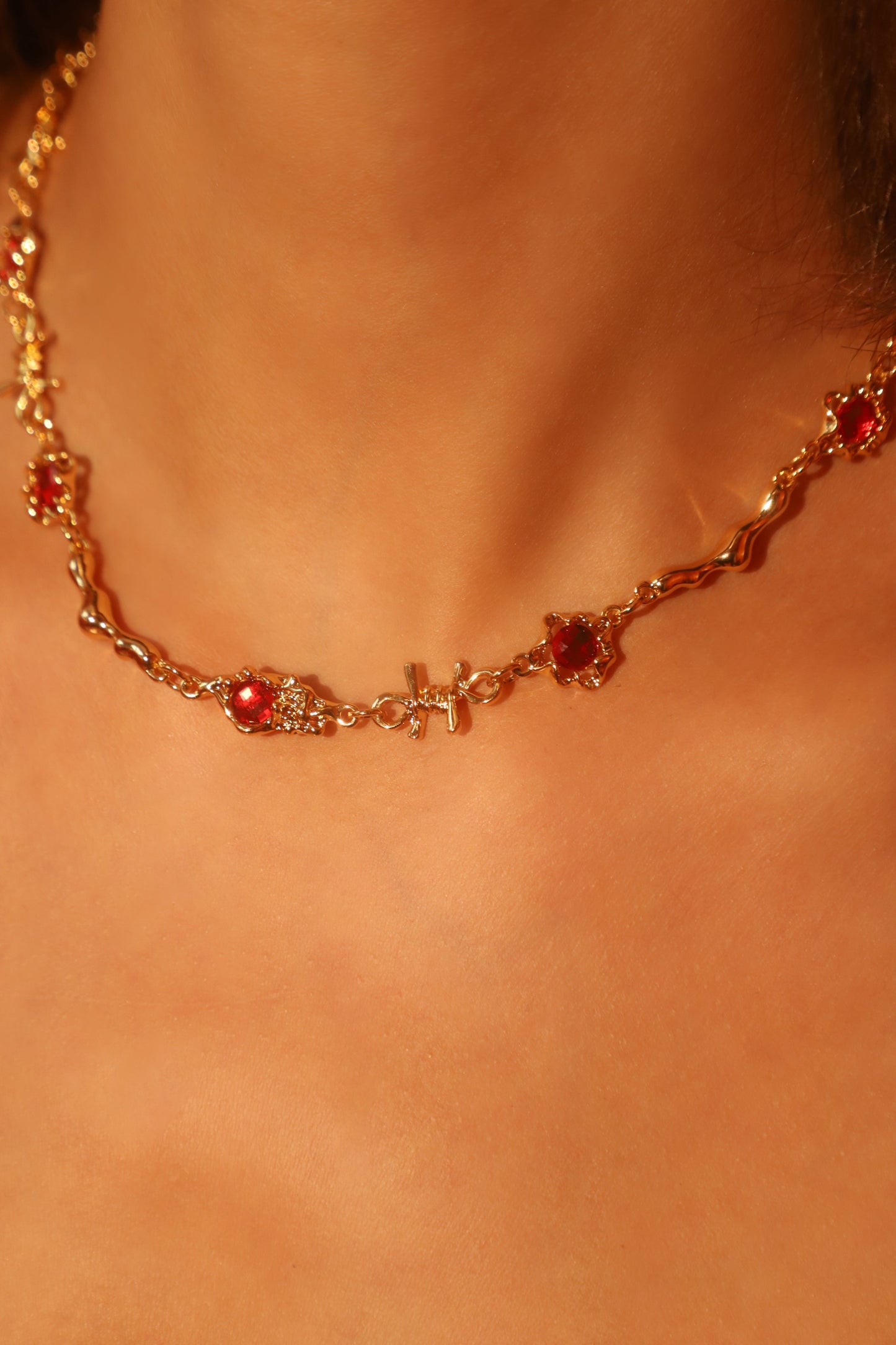 18K Real Gold Plated Multi Red Gem Twist Necklace