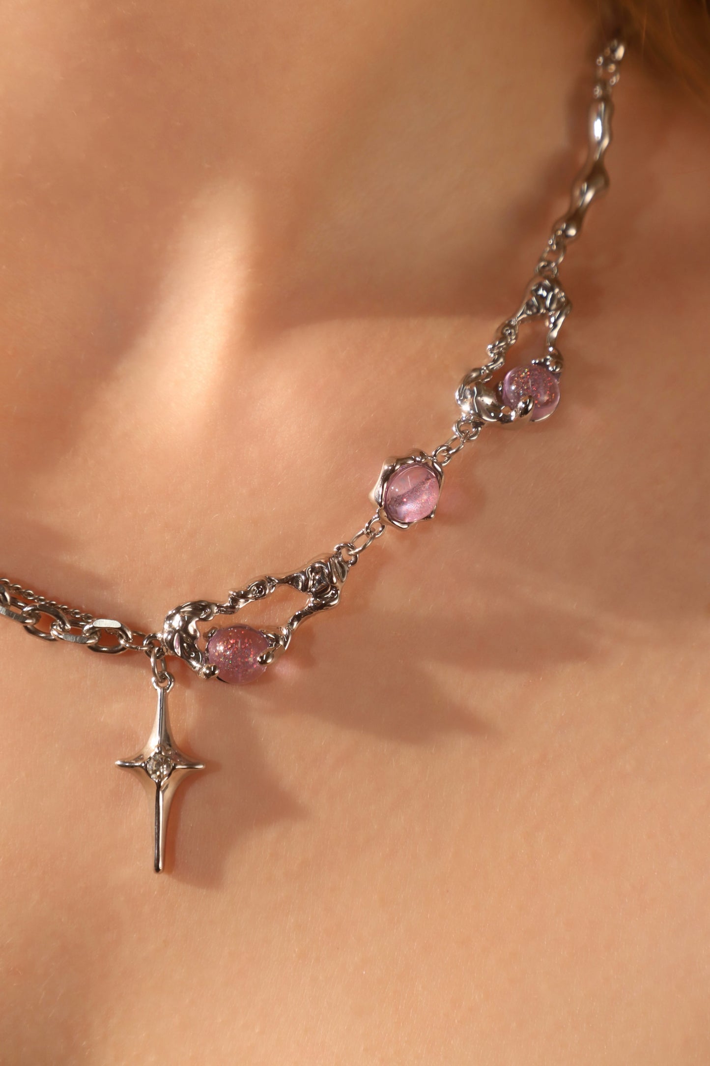 Platinum Plated Purple Glitter Gem Star Necklace