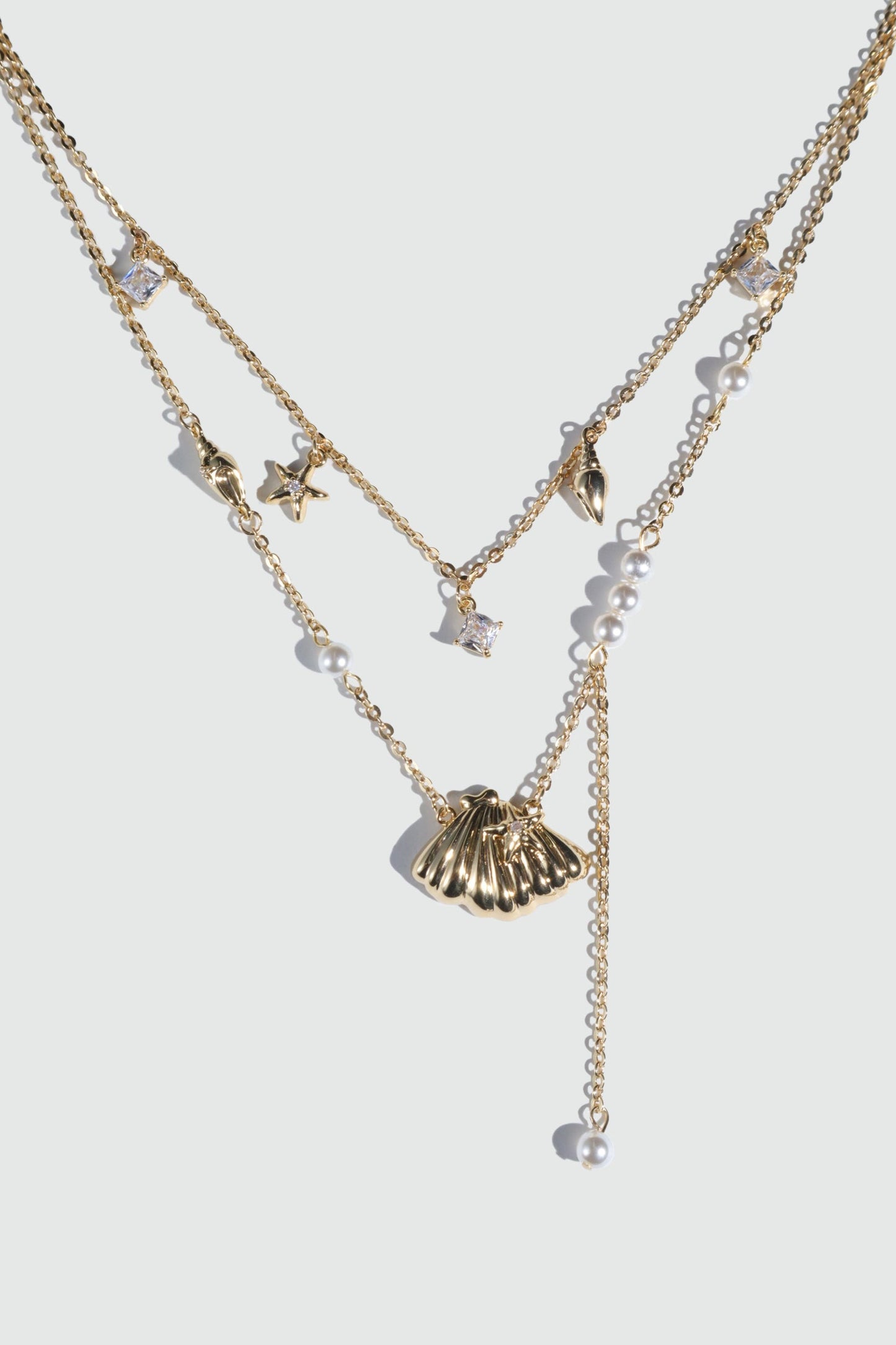 18K Real Gold Plated Shell Starfish Pearls Layer Necklace