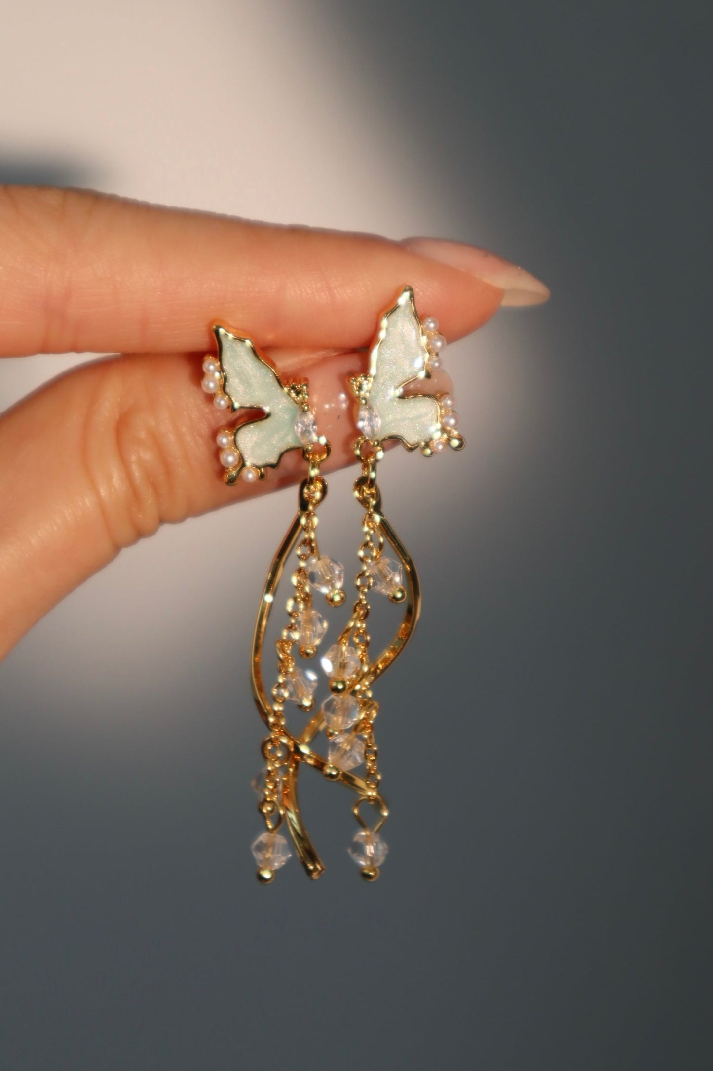 18K Real Gold Plated Butterfly Pearls Dangle Earrings