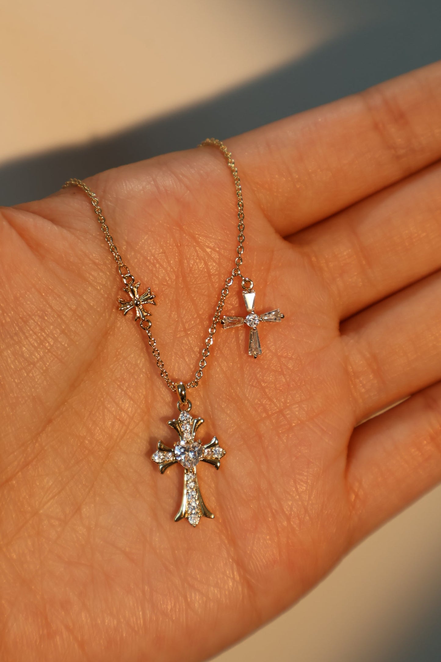 14K Real Gold Plated Double Diamond Cross Necklace