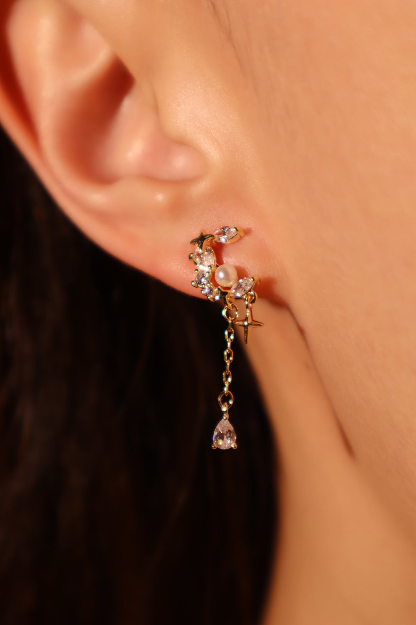 14K Real Gold Plated Diamond Pearl Moon Star Earrings