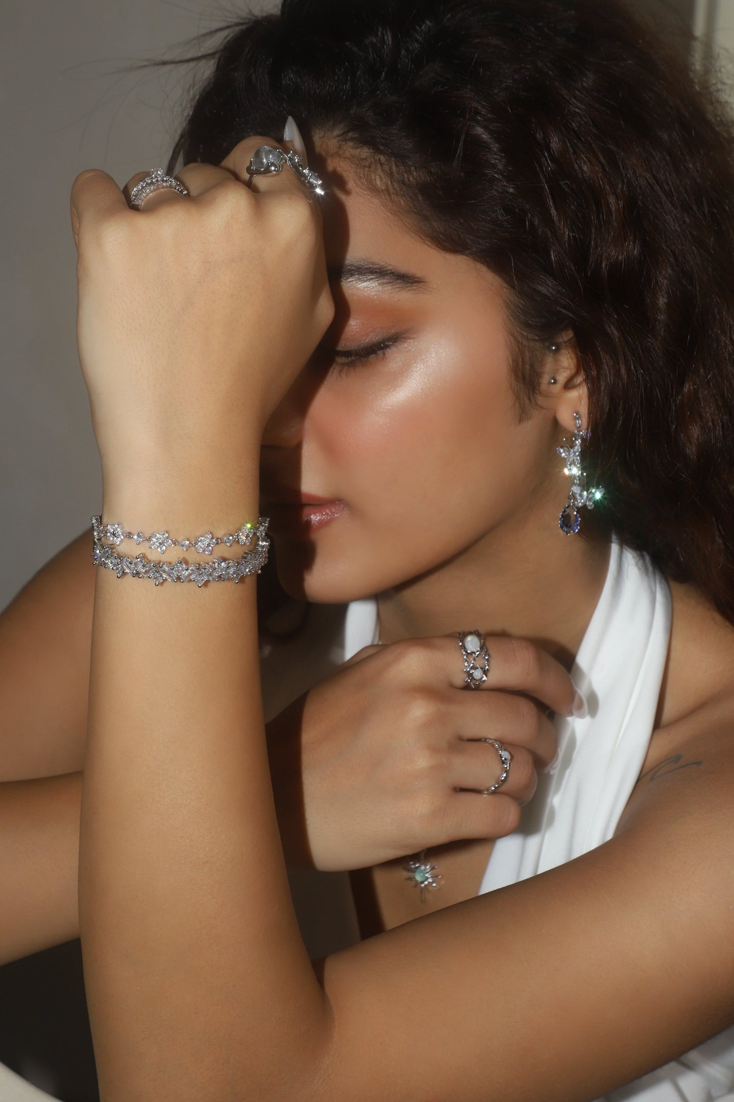 Platinum Plated Multi Diamond Flower Bracelet