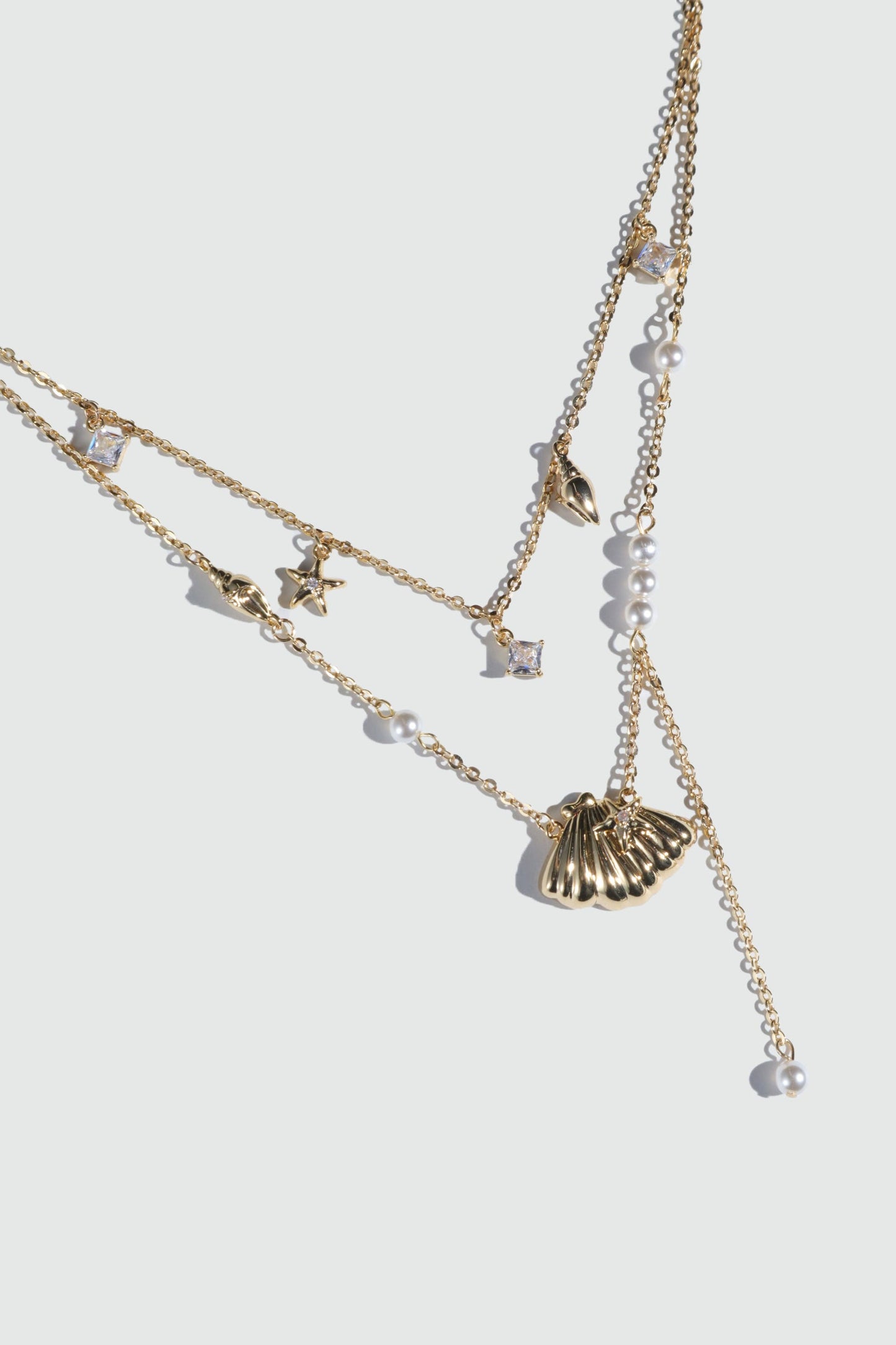 18K Real Gold Plated Shell Starfish Pearls Layer Necklace