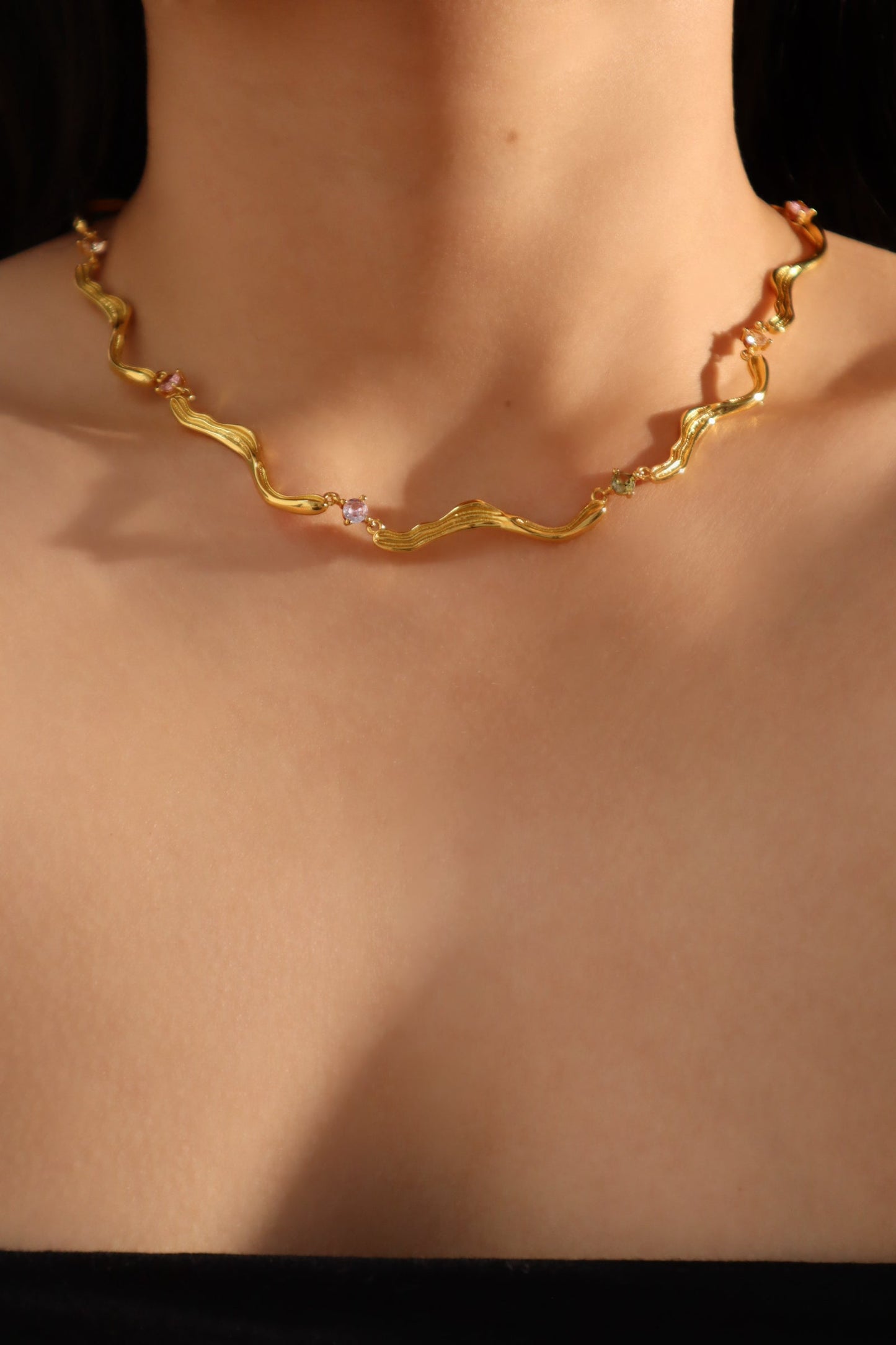 18K Real Gold Plated Heart Waves Layer Necklace