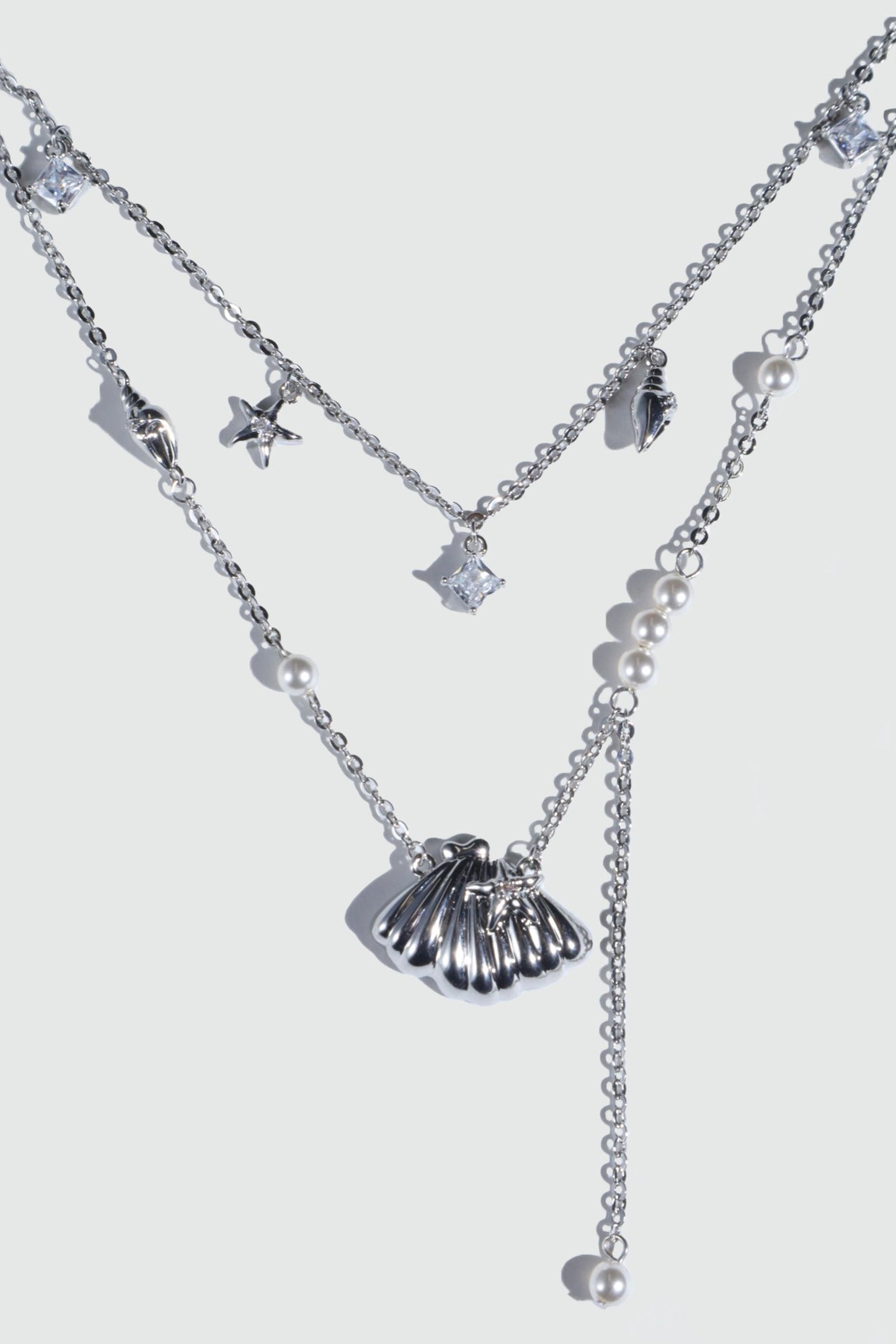 Platinum Plated Shell Starfish Pearls Layer Necklace