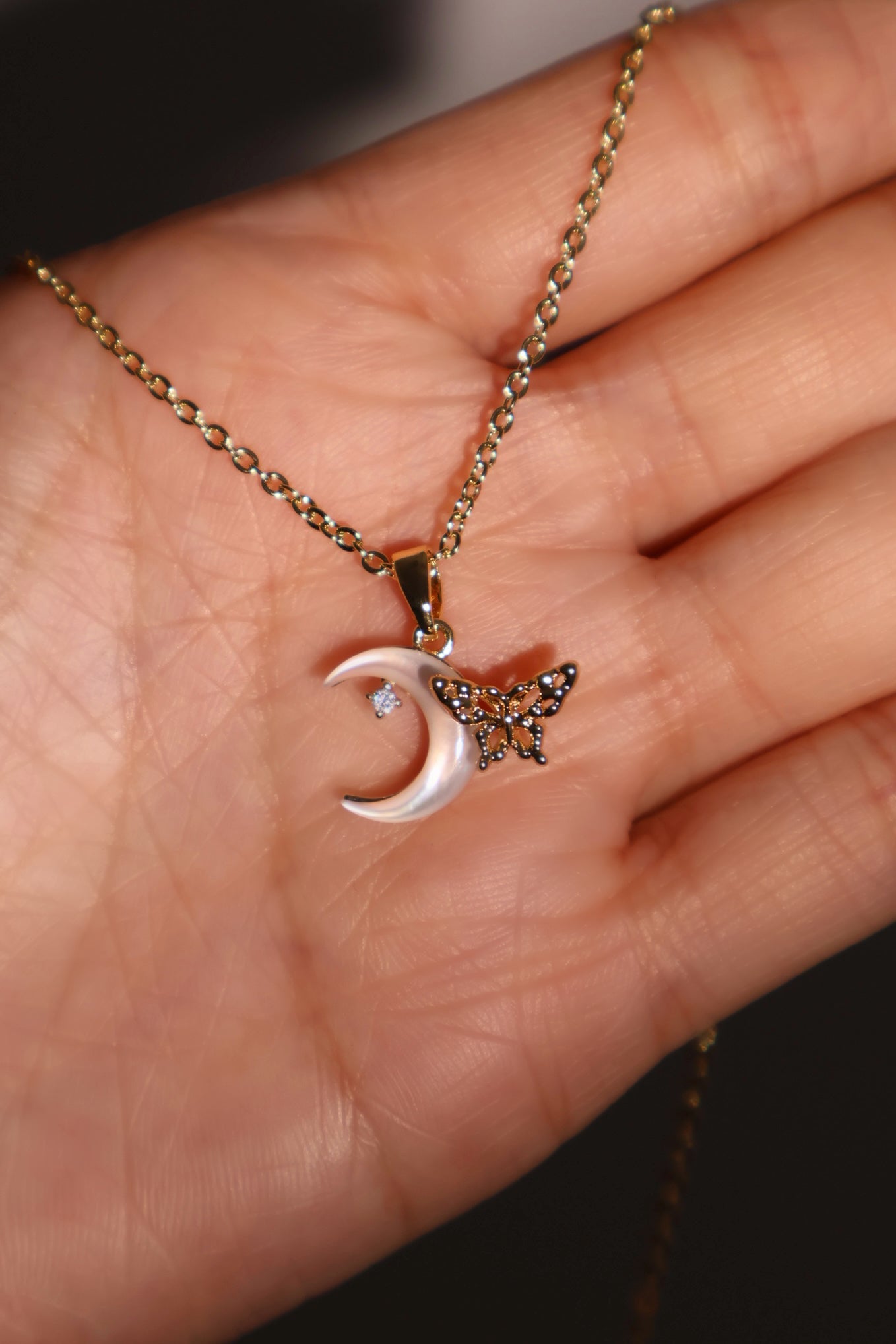 18K Real Gold Plated Shell Moon Butterfly Necklace