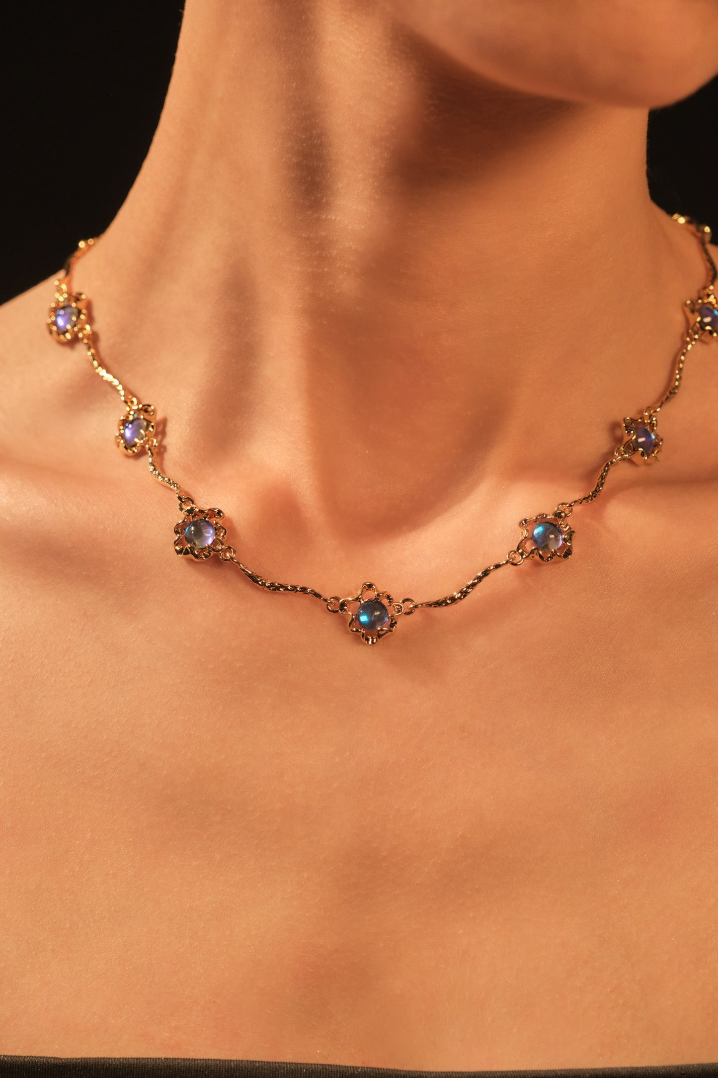 18K Real Gold Plated Multi Deep Blue Moonstones Necklace