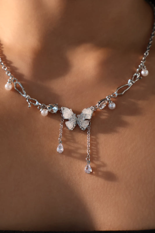 Platinum Plated Blue Crystal Butterfly Necklace