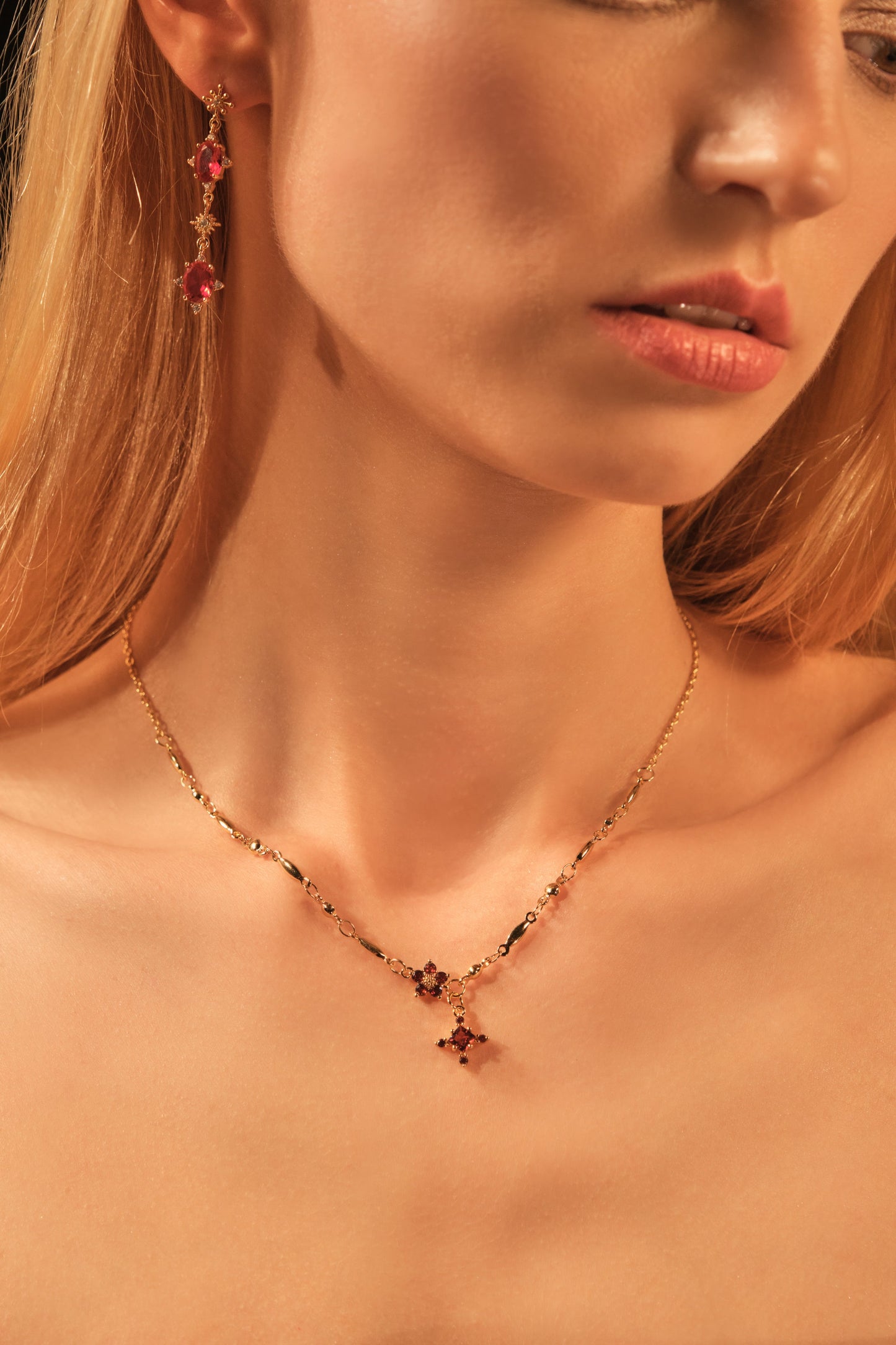 18K Real Gold Plated Garnet Diamond Cross Necklace