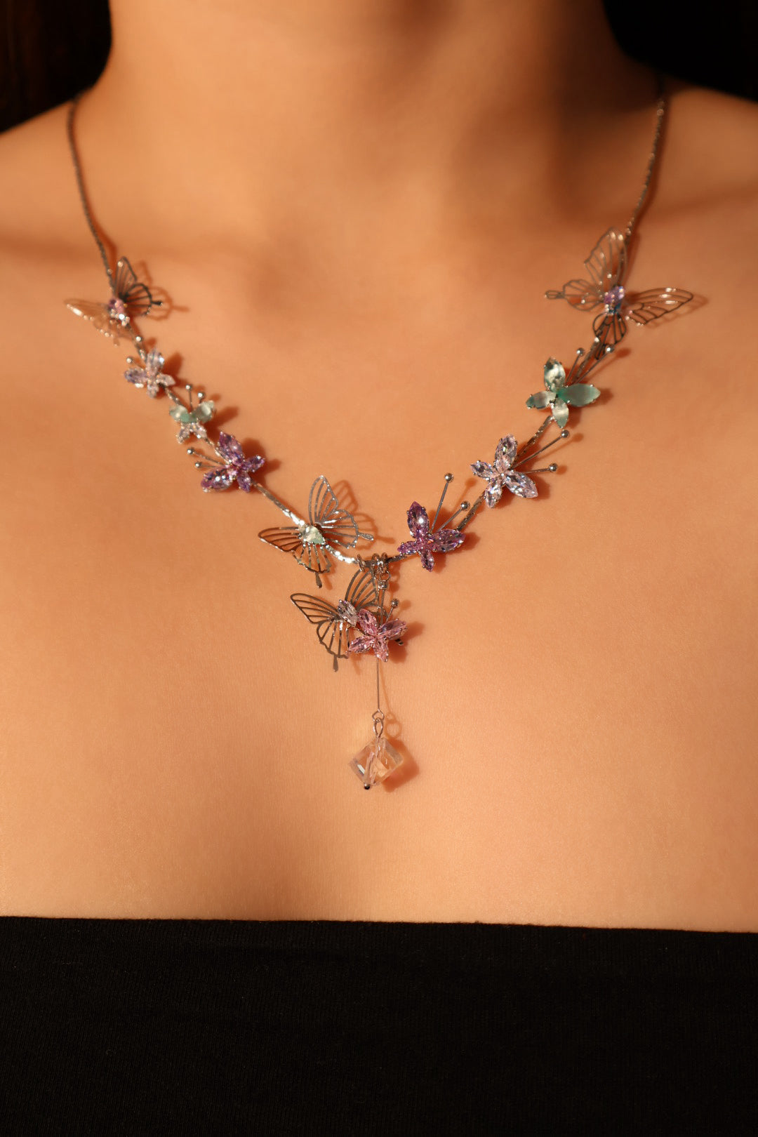 Multi Color Gem Butterfly Necklace