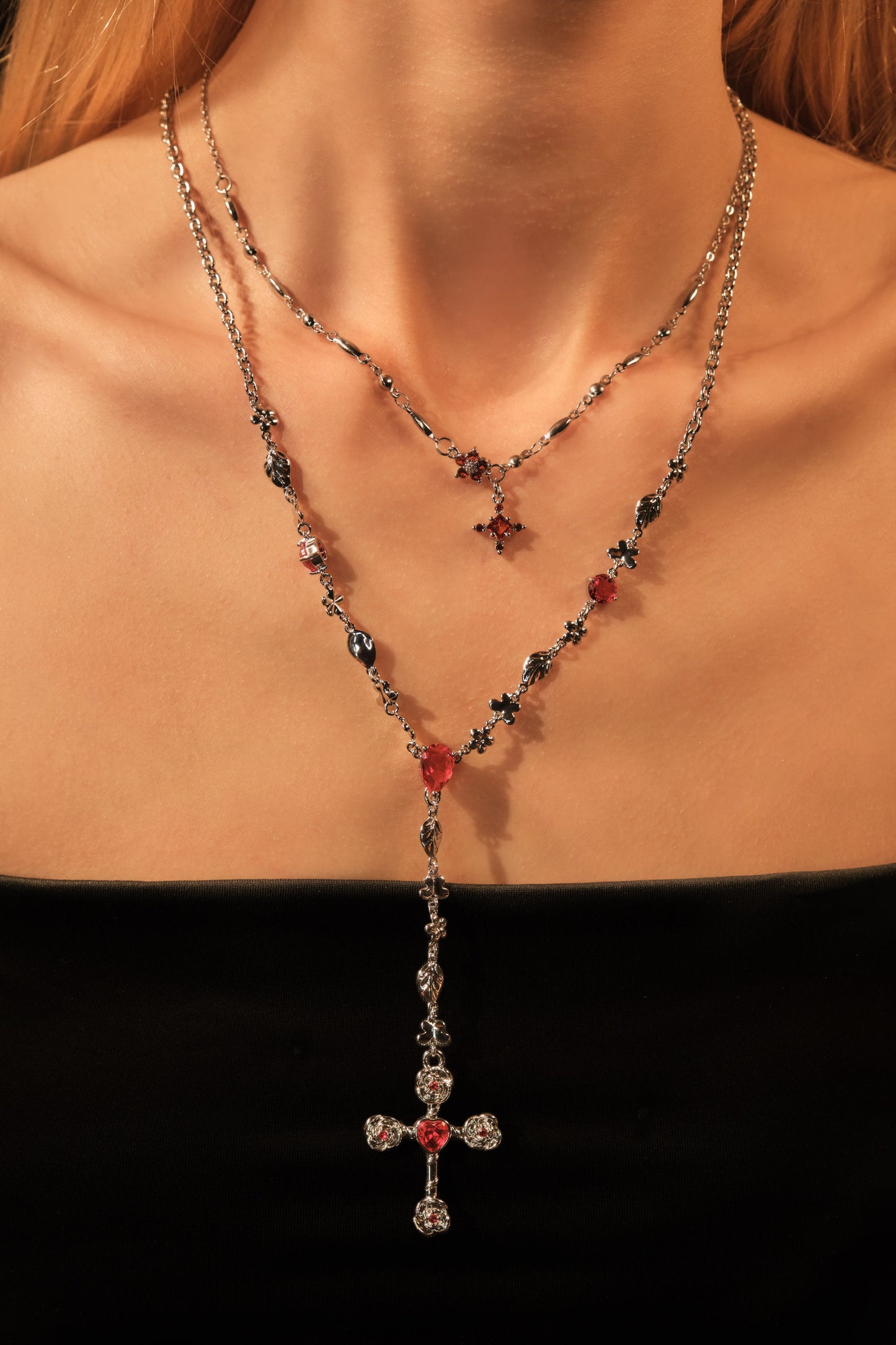 Platinum Plated Garnet Diamond Cross Necklace
