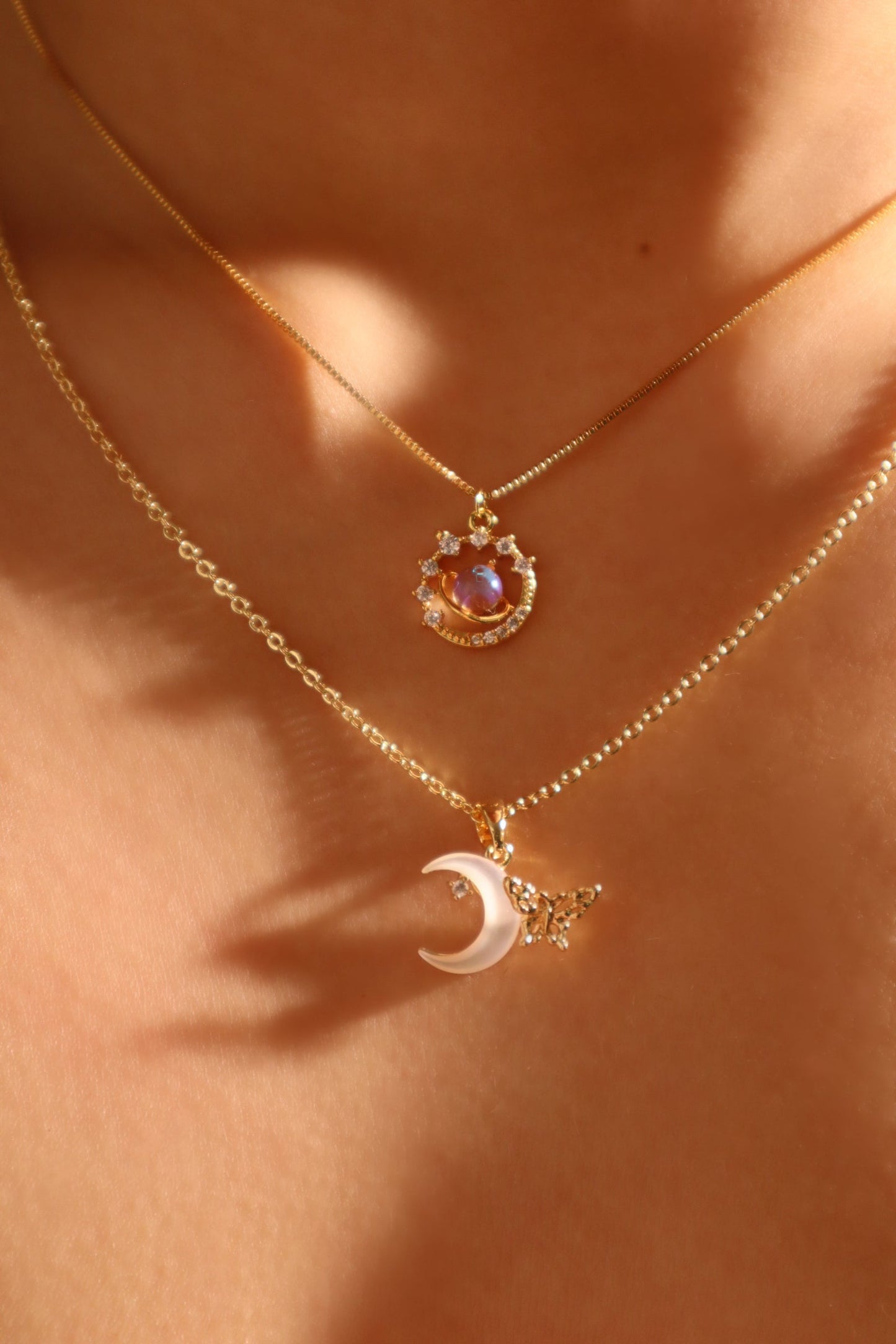14K Real Gold Plated Moonstone Saturn Star Necklace
