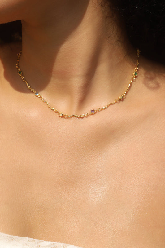18K Real Gold Plated Multi Color Gem Wave Necklace