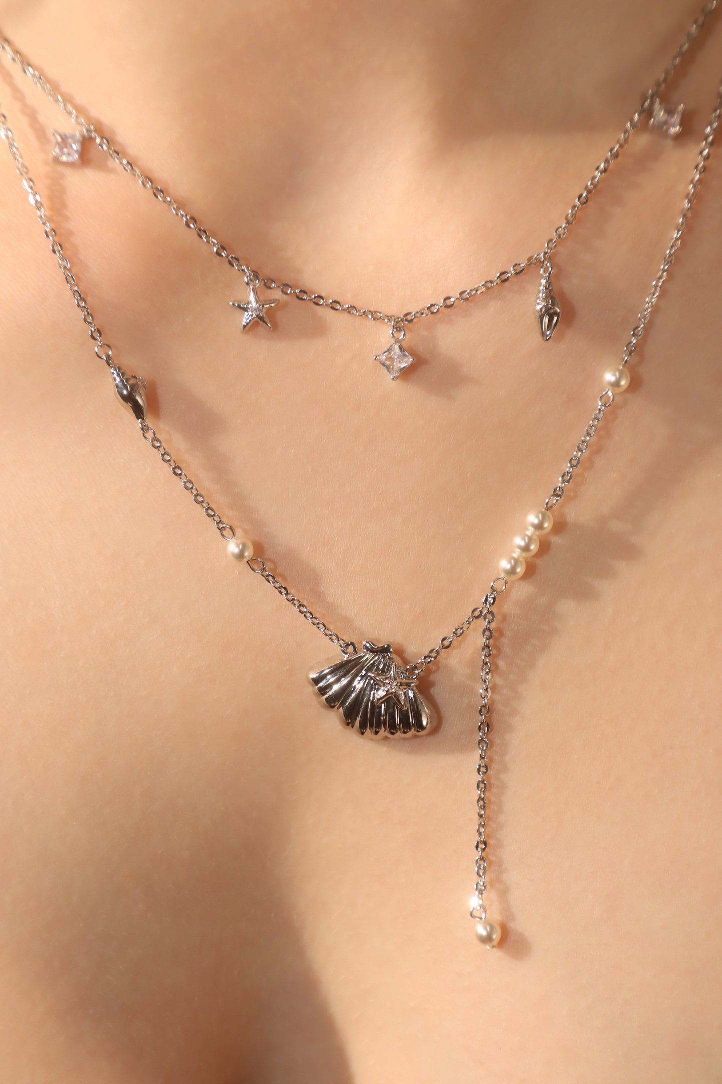 Platinum Plated Shell Starfish Pearls Layer Necklace