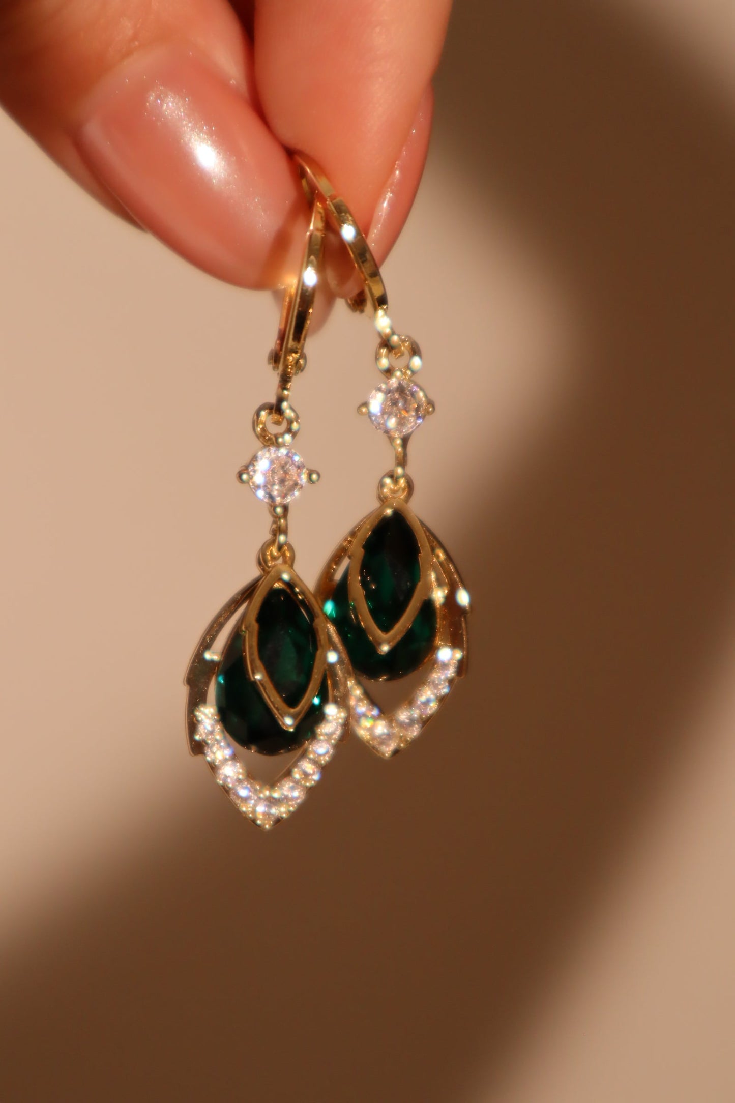 14K Real Gold Plated Green Gem Droplet Earrings