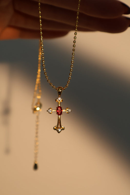 18K Real Gold Plated Ruby Cross Necklace