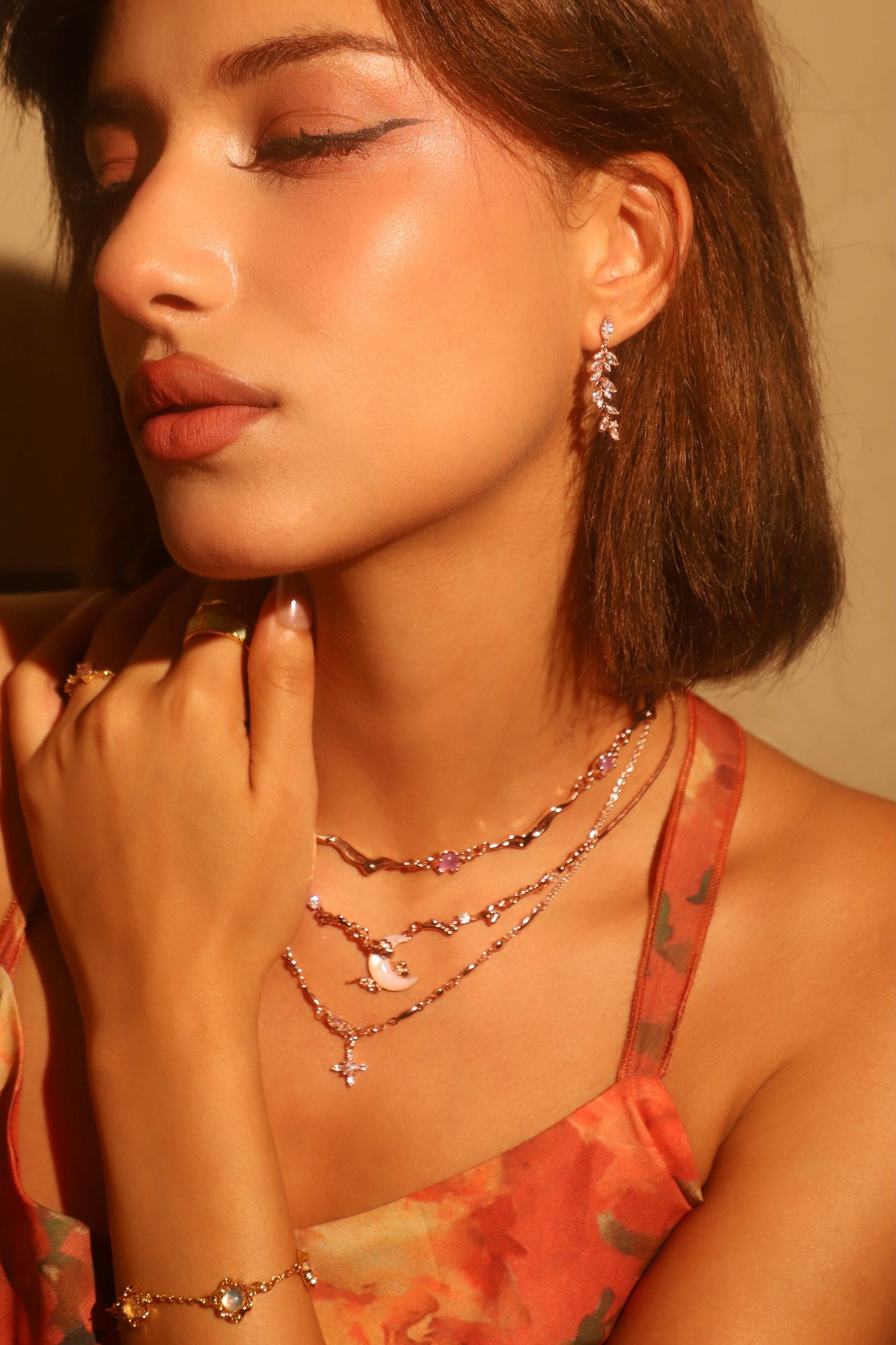14K Rose Gold Plated Diamond Leaf Earrings