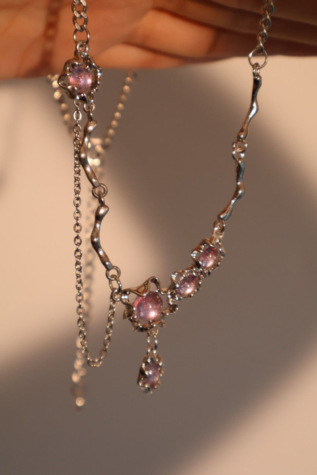 Platinum Plated Purple Glitter Gem Dangle Necklace