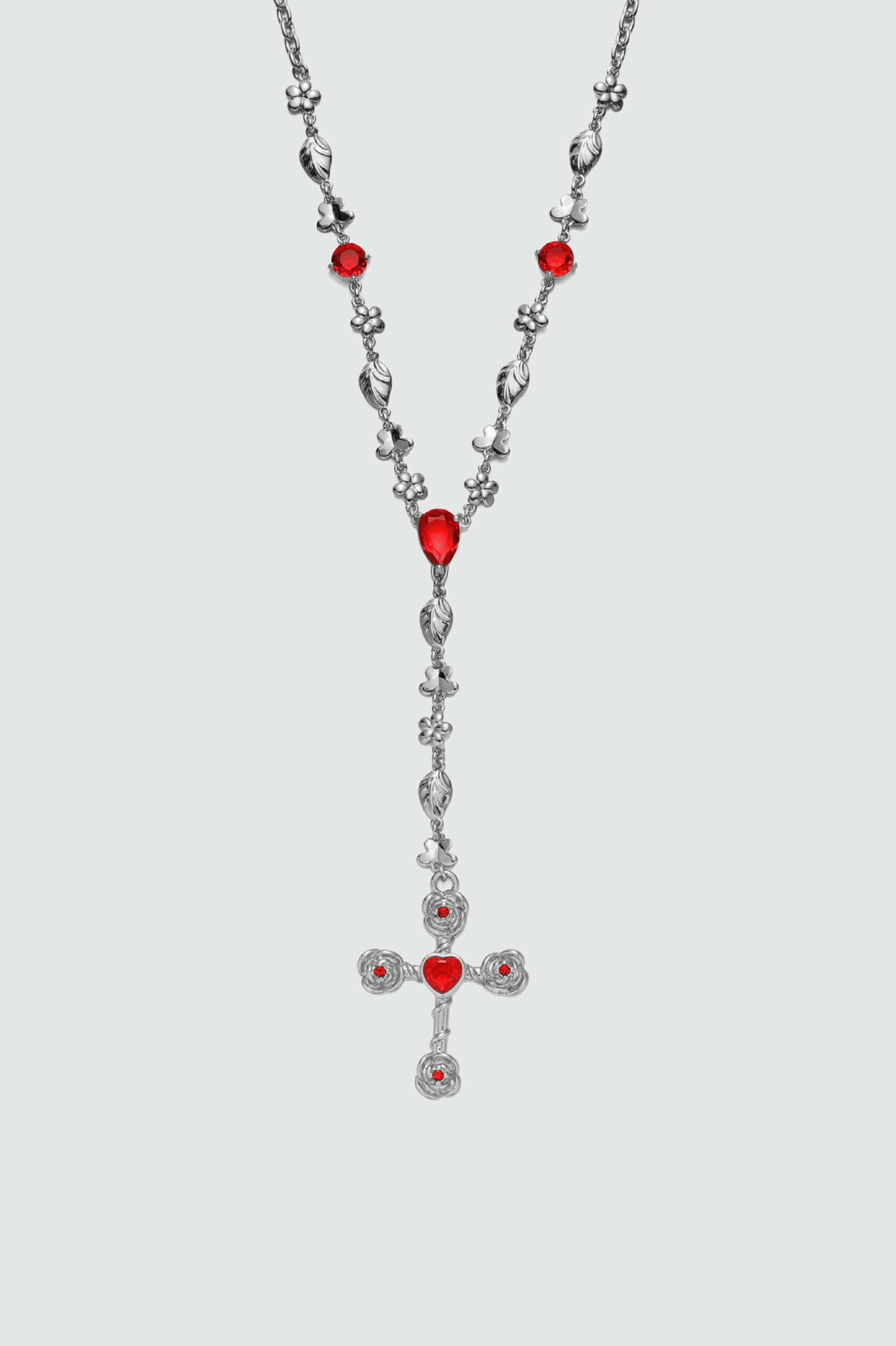 Platinum Plated Red Gem Cross Lariat Necklace