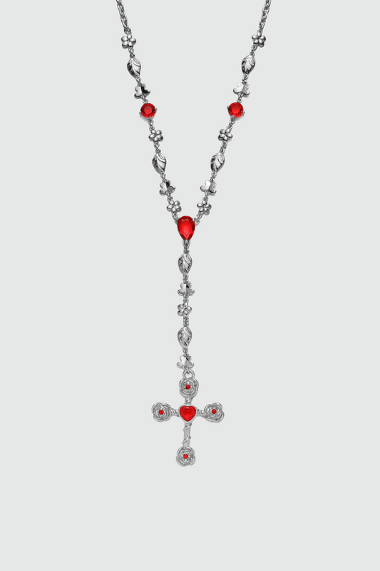Platinum Plated Red Gem Cross Lariat Necklace