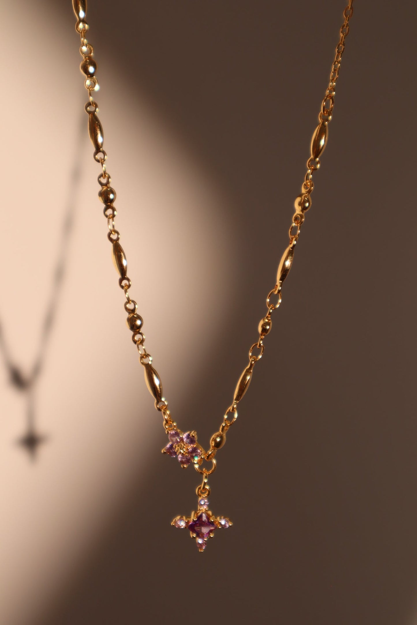 18K Real Gold Plated Purple Diamond Cross Necklace