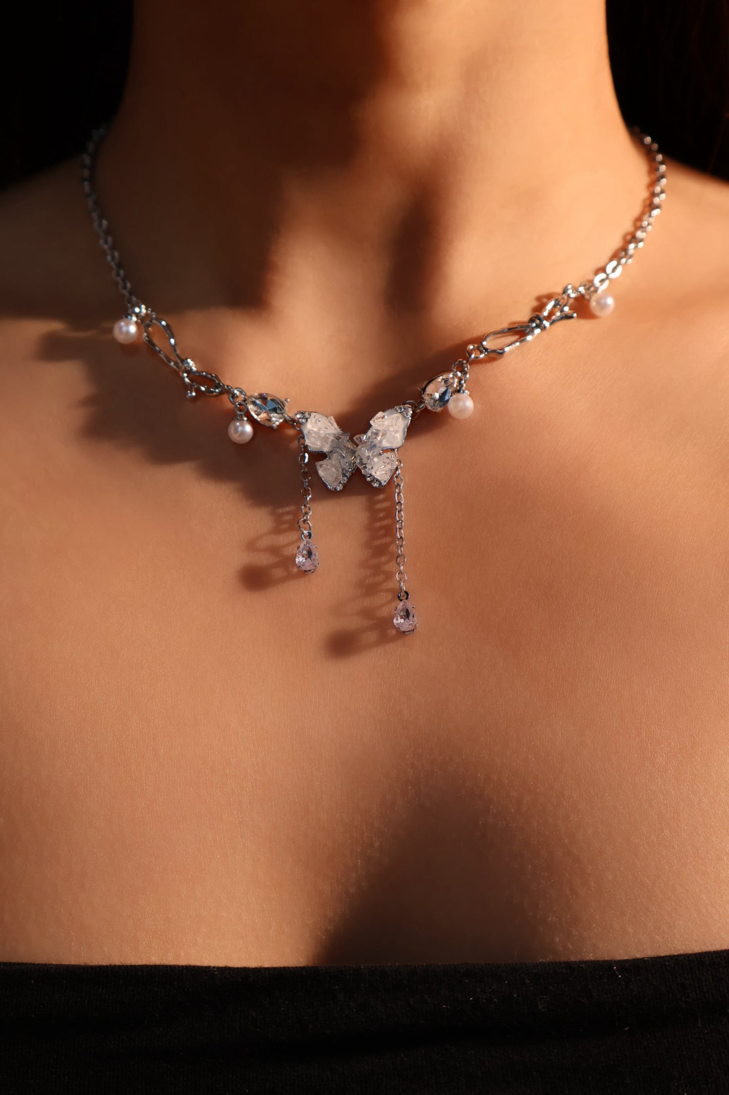 Platinum Plated Blue Crystal Butterfly Necklace