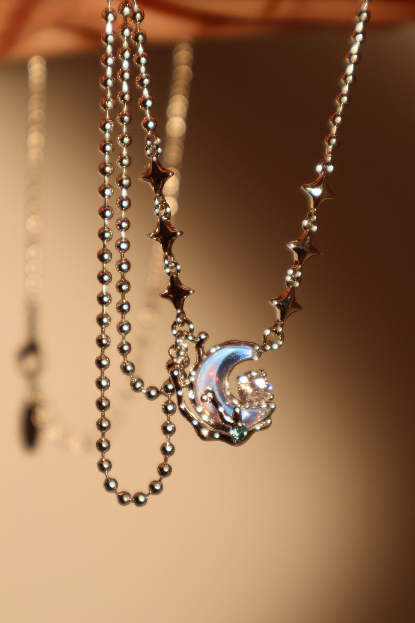 Platinum Plated Diamond Moonstone Moon Necklace