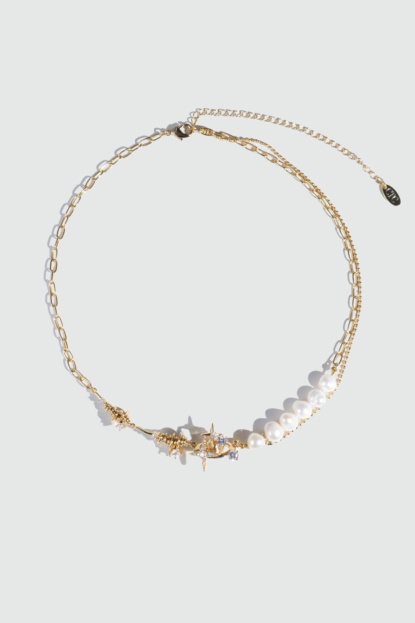 18K Real Gold Plated Diamond Saturn Star Pearl Necklace