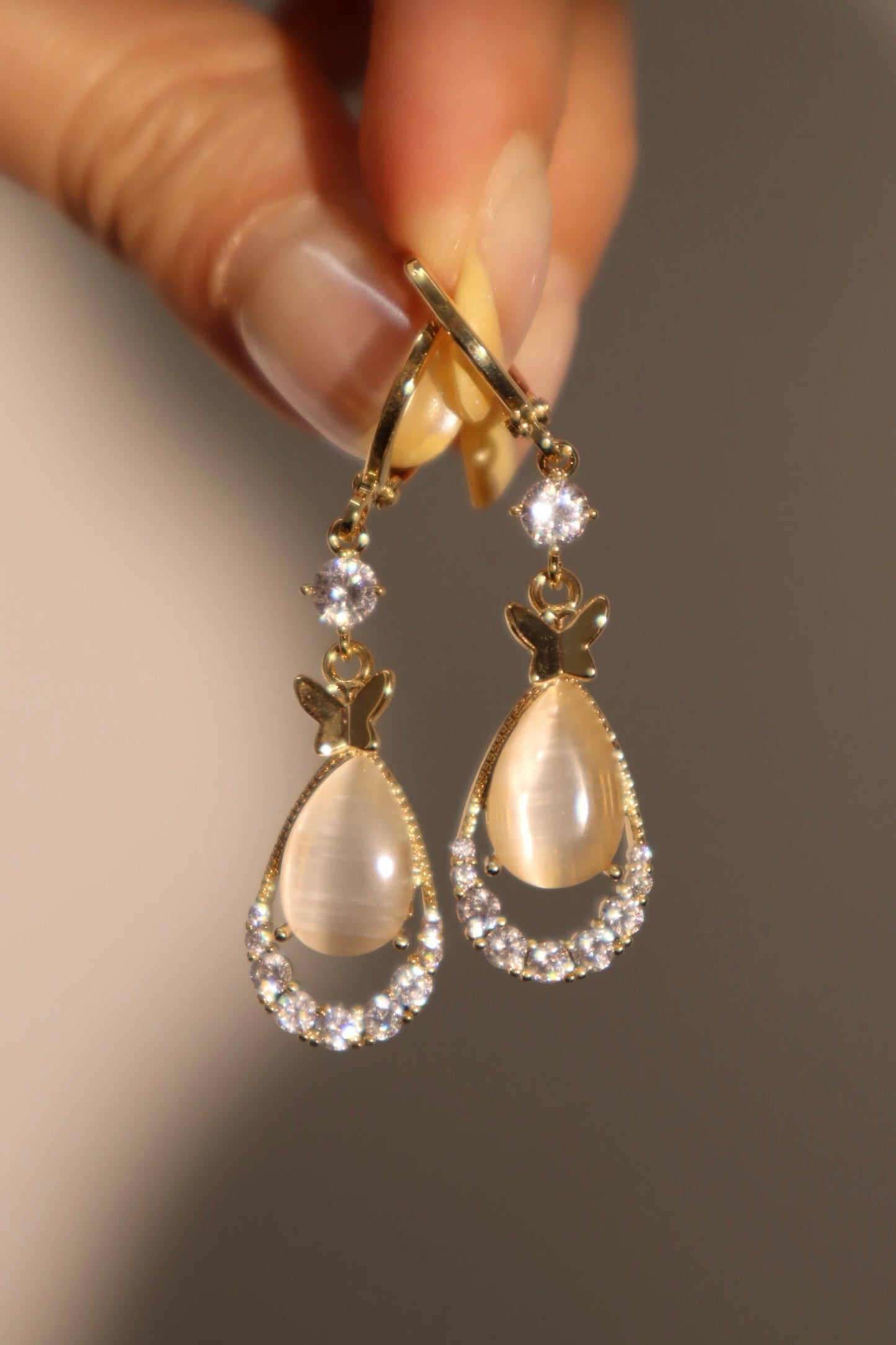 14K Real Gold Plated Diamond Opal Droplet Earrings