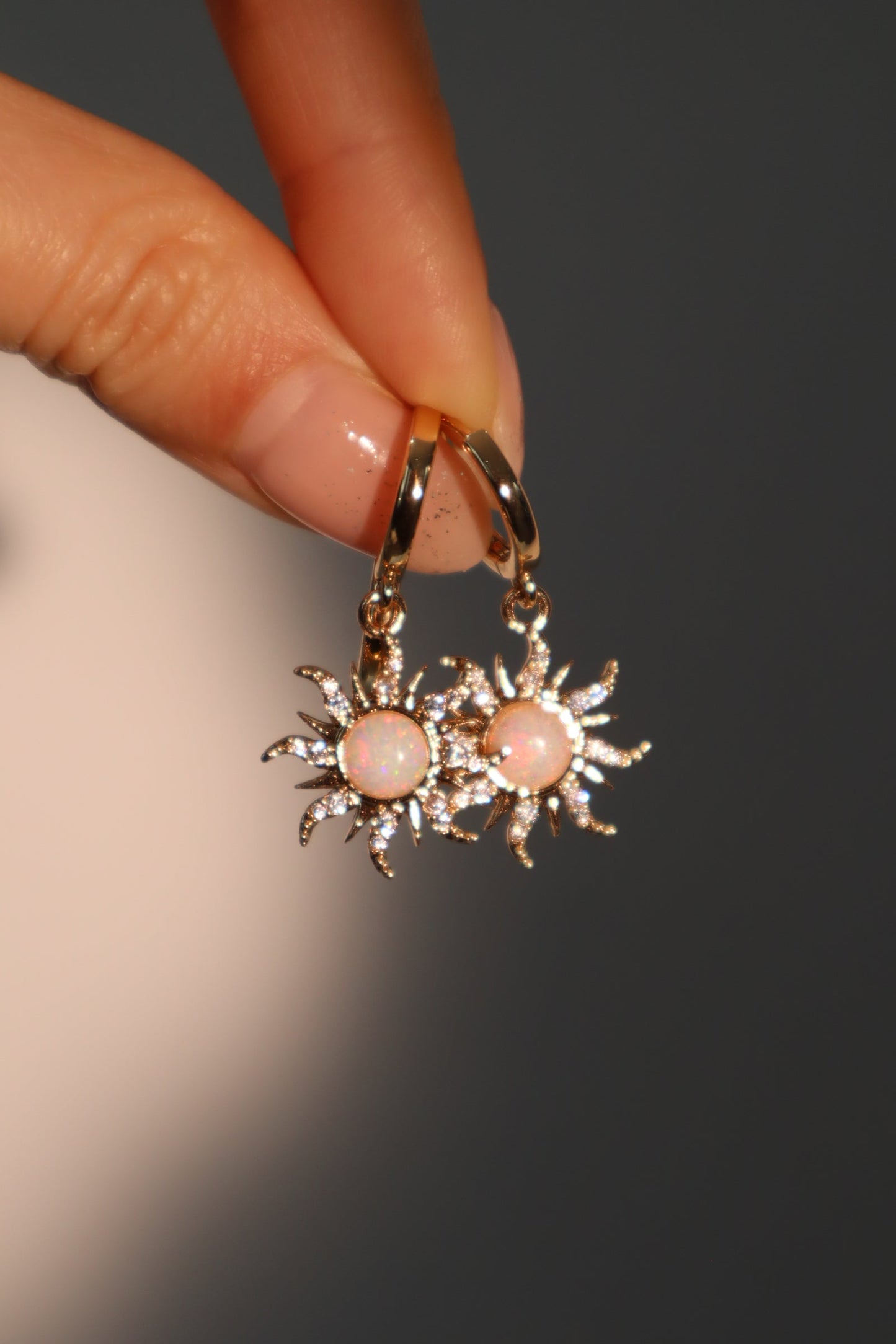 14K Real Gold Plated White Opal Sun Earrings