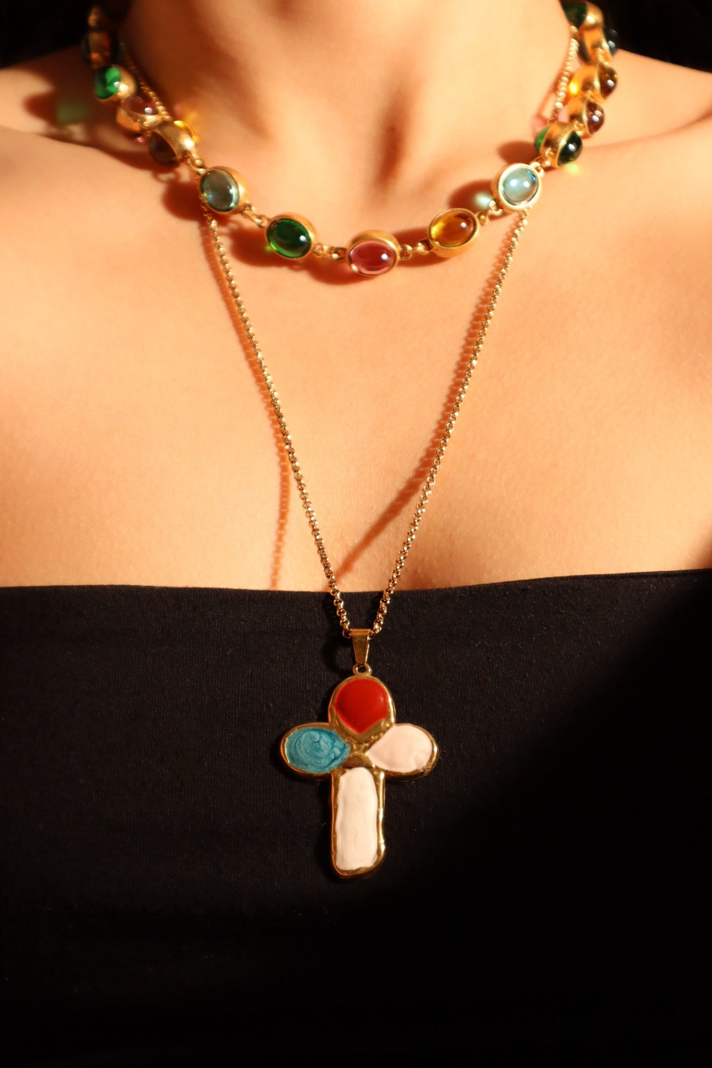 18K Gold Stainless Steel Enamel Cross Necklace