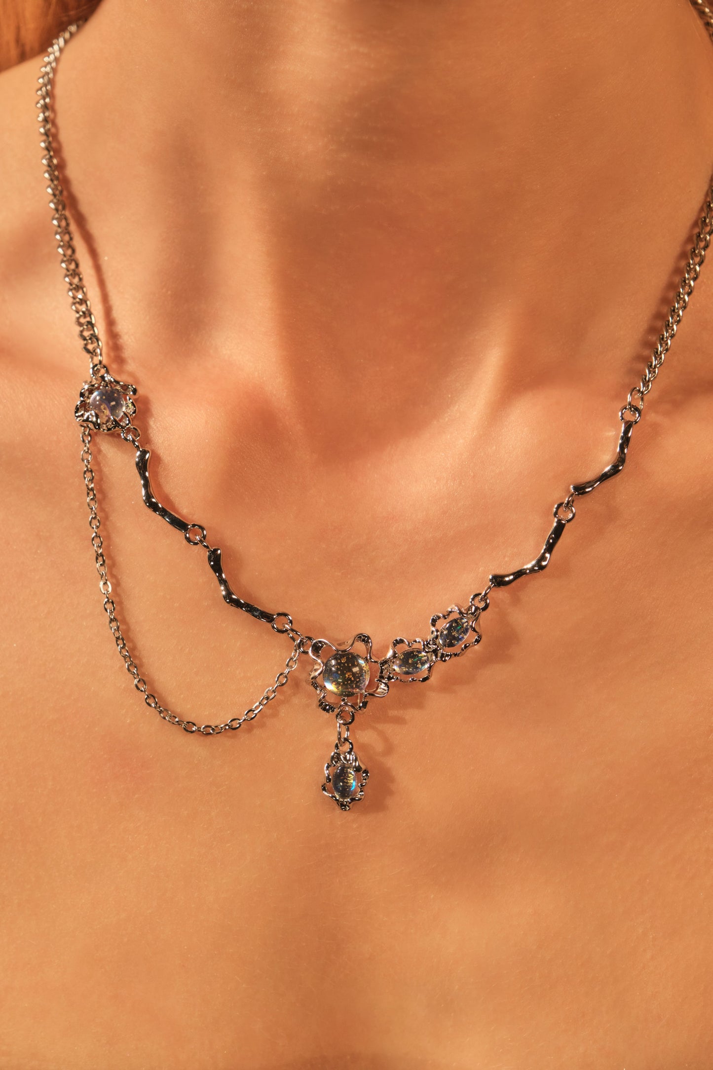 Platinum Plated Moonstone Dangle Necklace