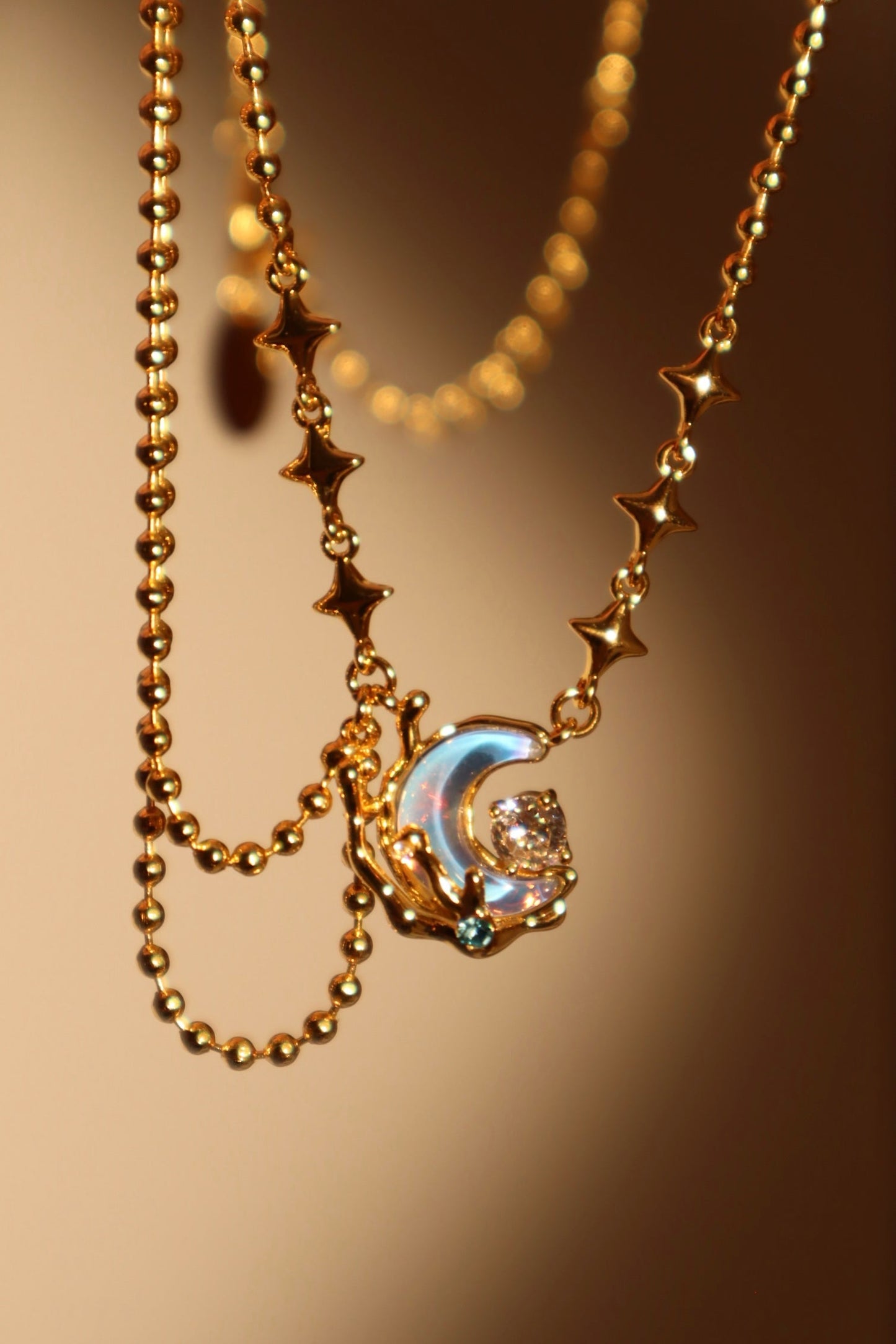 18K Real Gold Plated Diamond Moonstone Moon Necklace