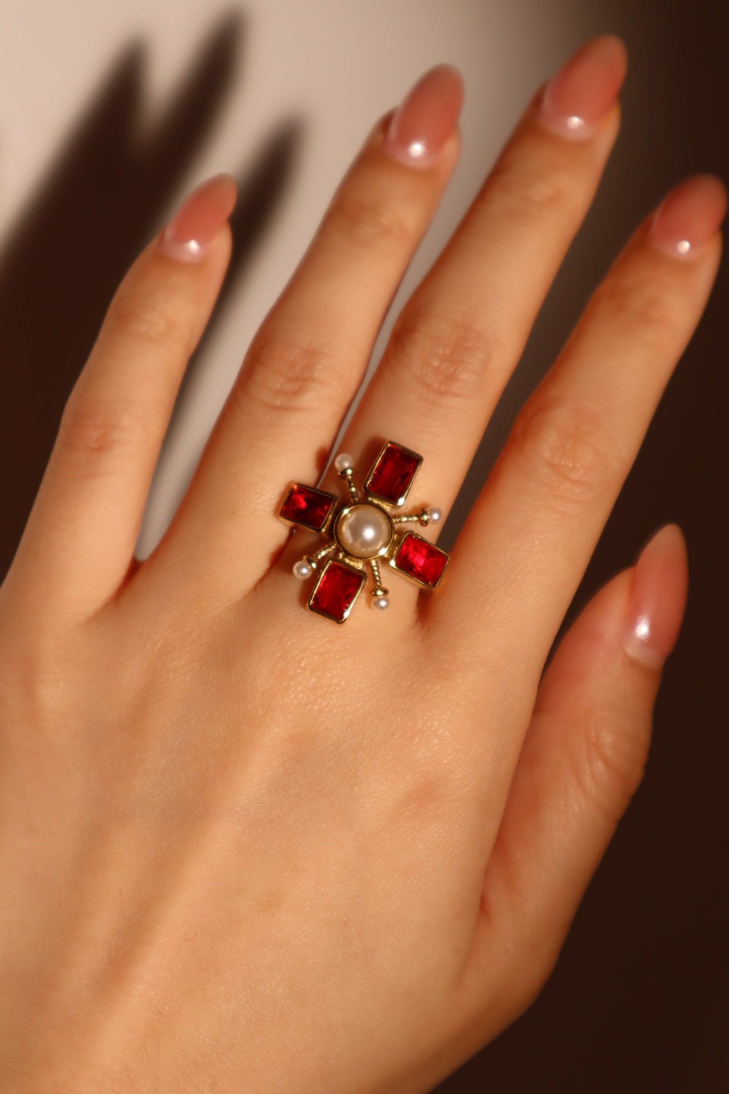 18K Gold Stainless Steel Red Cross Pearl Ring