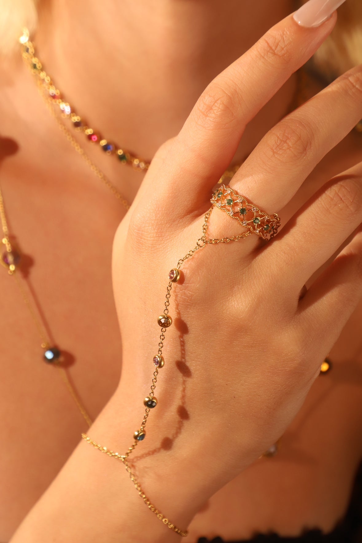 18K Gold Stainless Steel Color Gem Hand Chain Bracelet