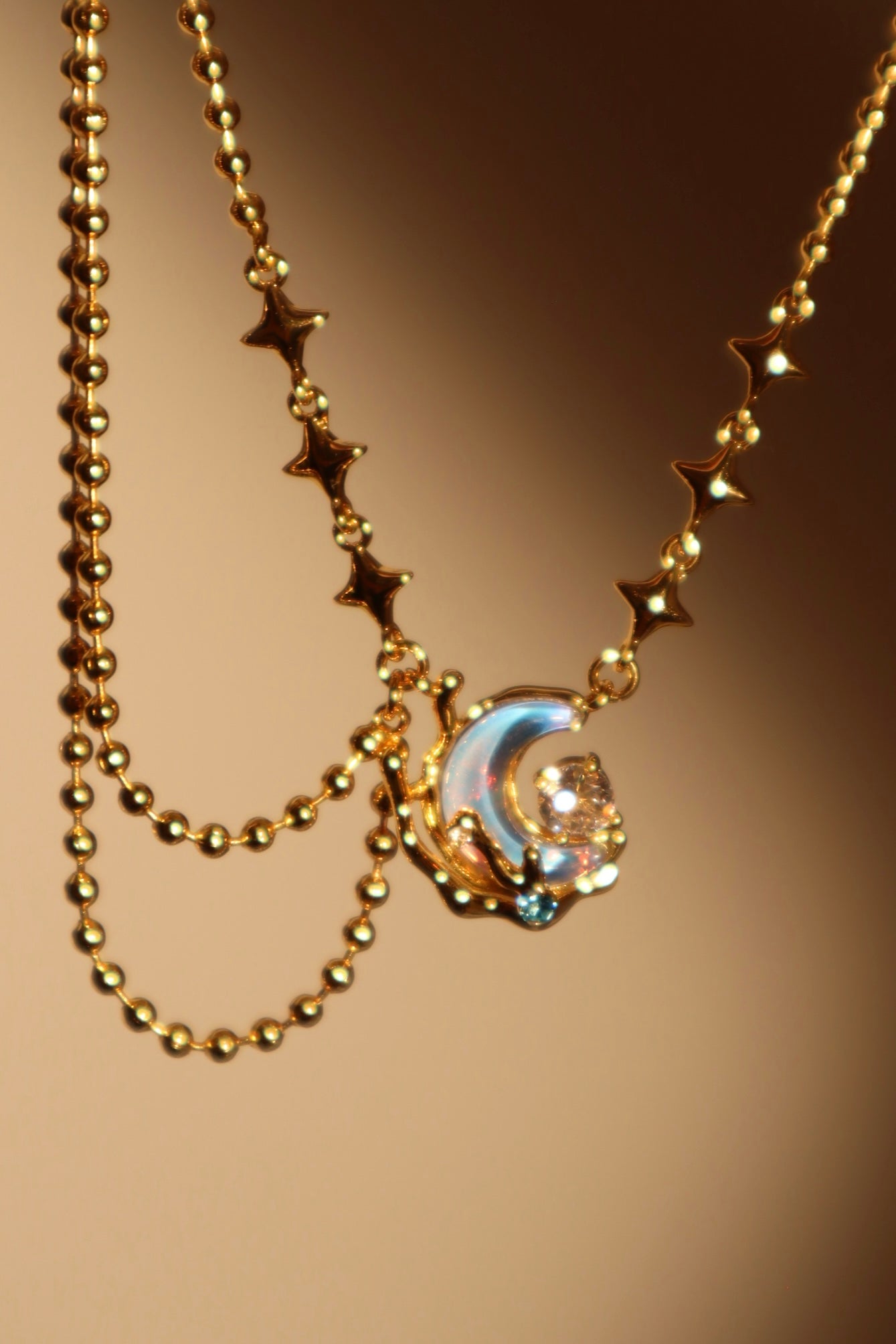 18K Real Gold Plated Diamond Moonstone Moon Necklace