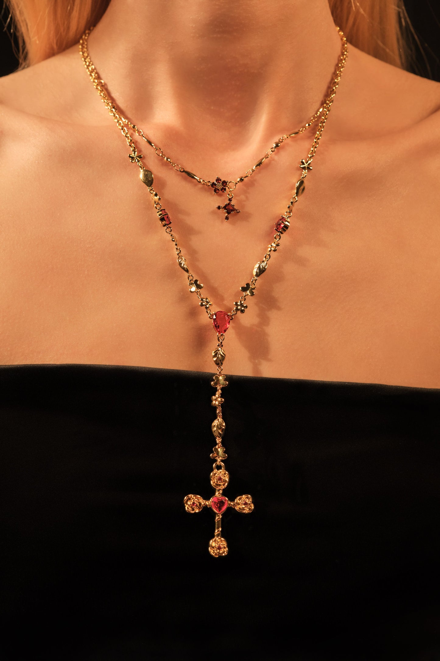 18K Real Gold Plated Red Gem Cross Lariat Necklace