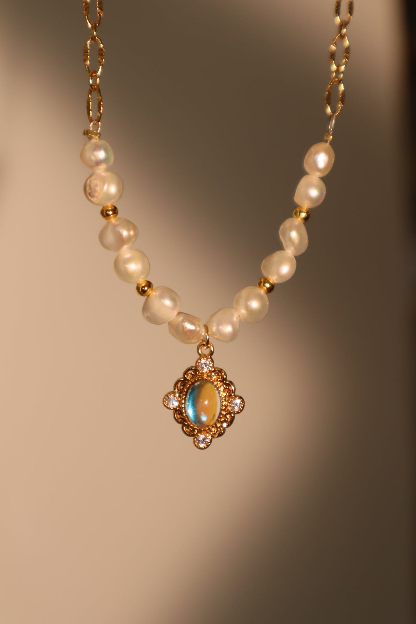 14K Real Gold Plated Freshwater Pearl Magic Mirror Necklace