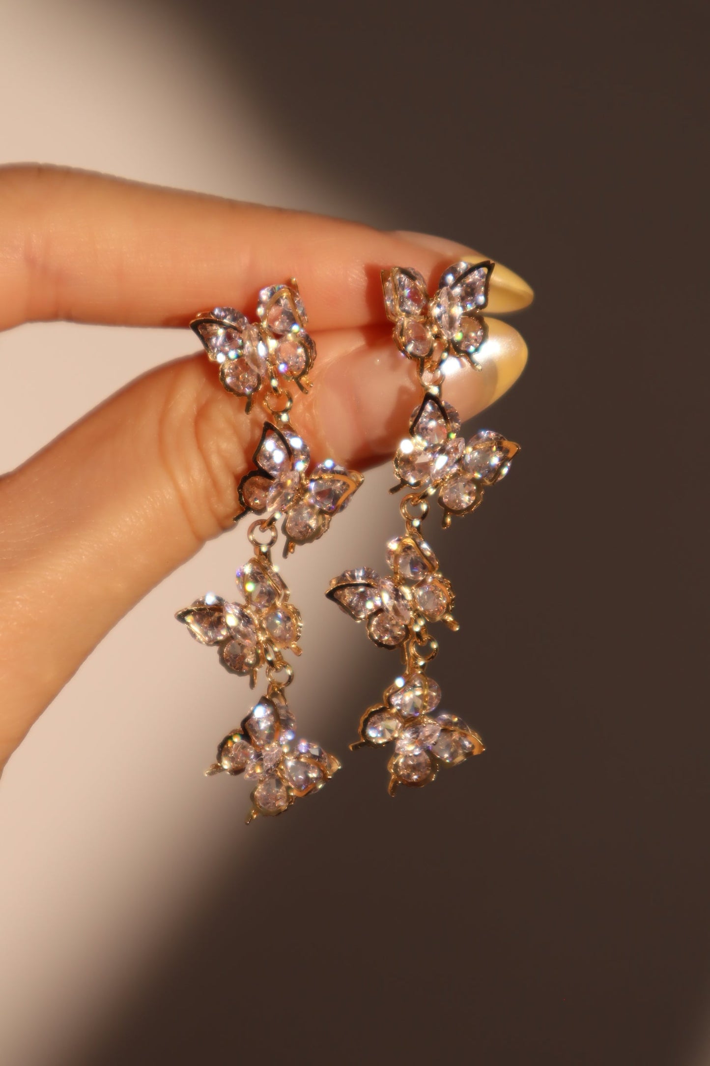 14K Real Gold Plated Diamond Butterfly Dangle Earrings